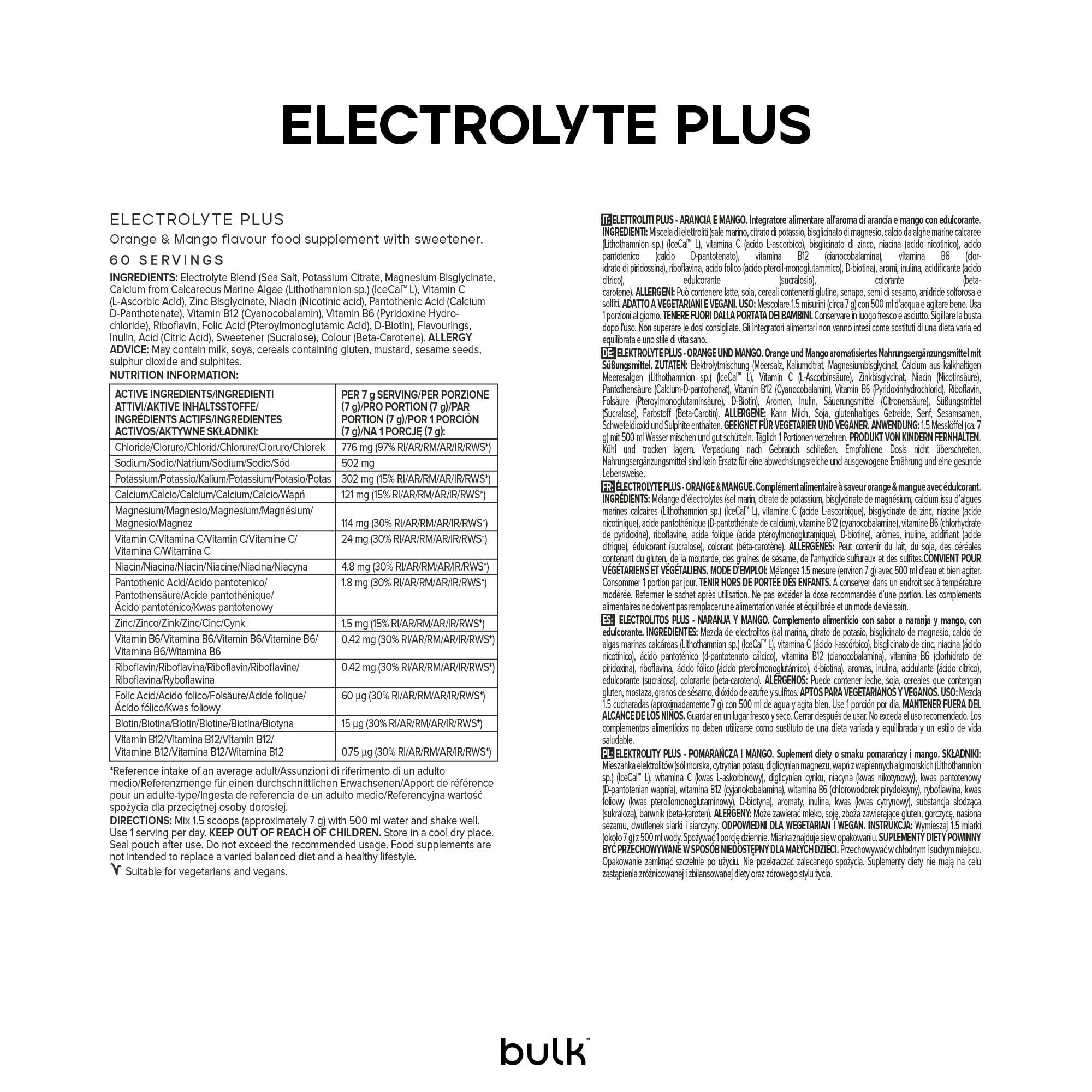 Bulk Electrolyte Plus, Saveur Orange & Mangue, 420 g, 60 portions, Recharge en électrolytes, Améliore l’hydratation, Soutient la fonction musculaire & la performance, Convient aux végétaliens