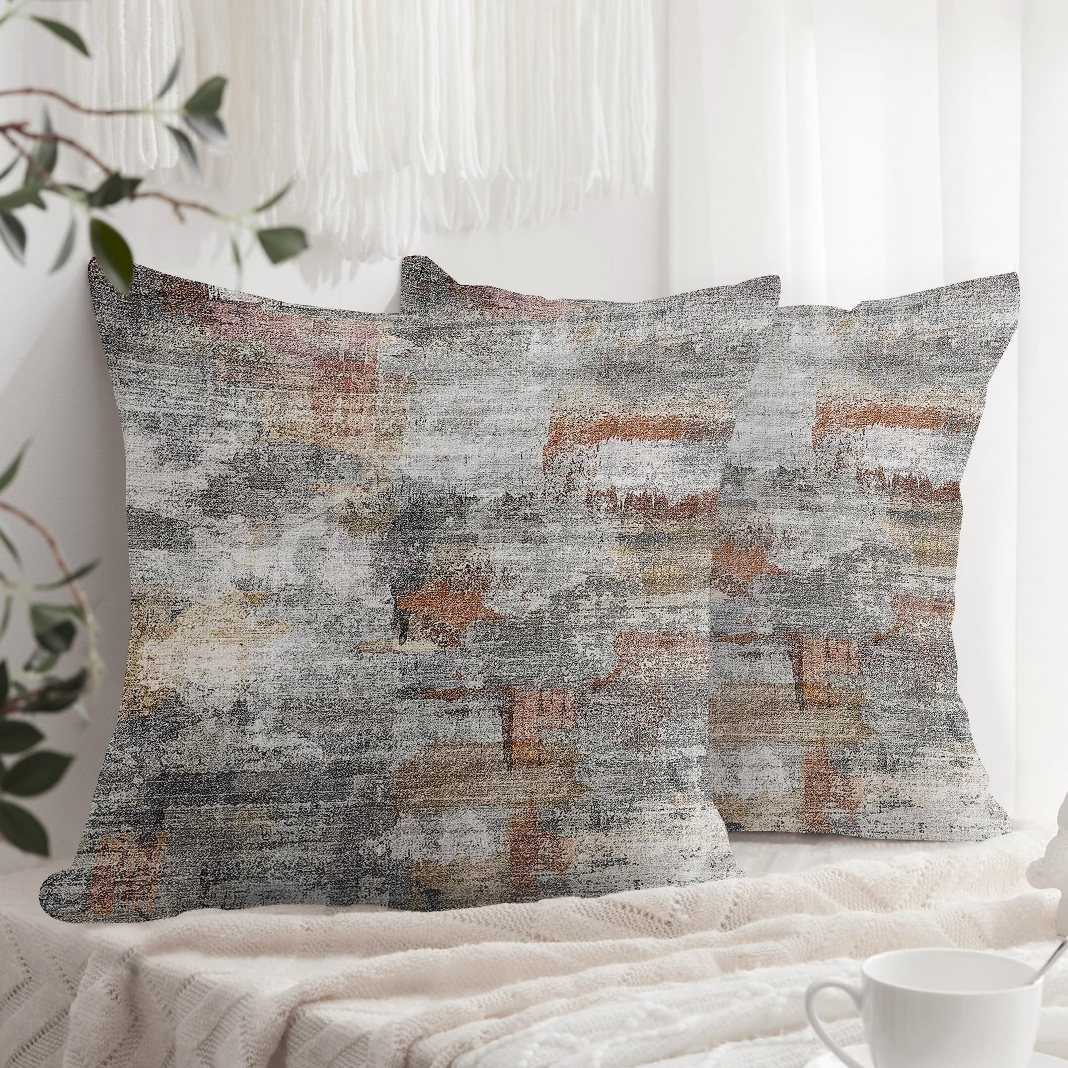 XPHZZL Pack of 2 Gray/Rust Cushion Covers 65cm x 65cm Decorative Square Throw Pillow Covers Home Abstract Style Decor Pillow Cases for Sofa Bedroom Dining Room and Farmhouse 26x26 Inch