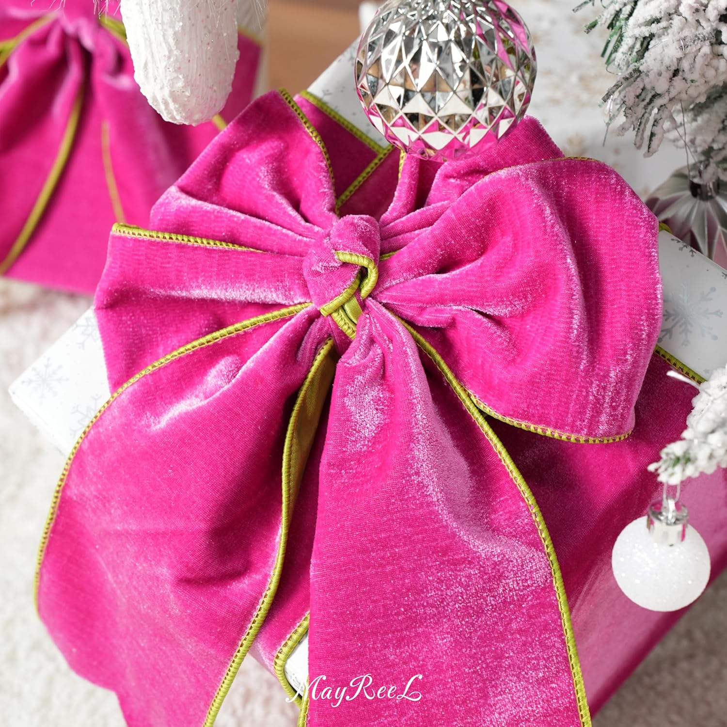 MAYREEL 4 Inch Two-Tone Hot Pink and Lime Green Reversible French Velvet Wired Edge Ribbon for Christmas Tree Gift Wrapping Decorations Double Faced Design 10 Yards