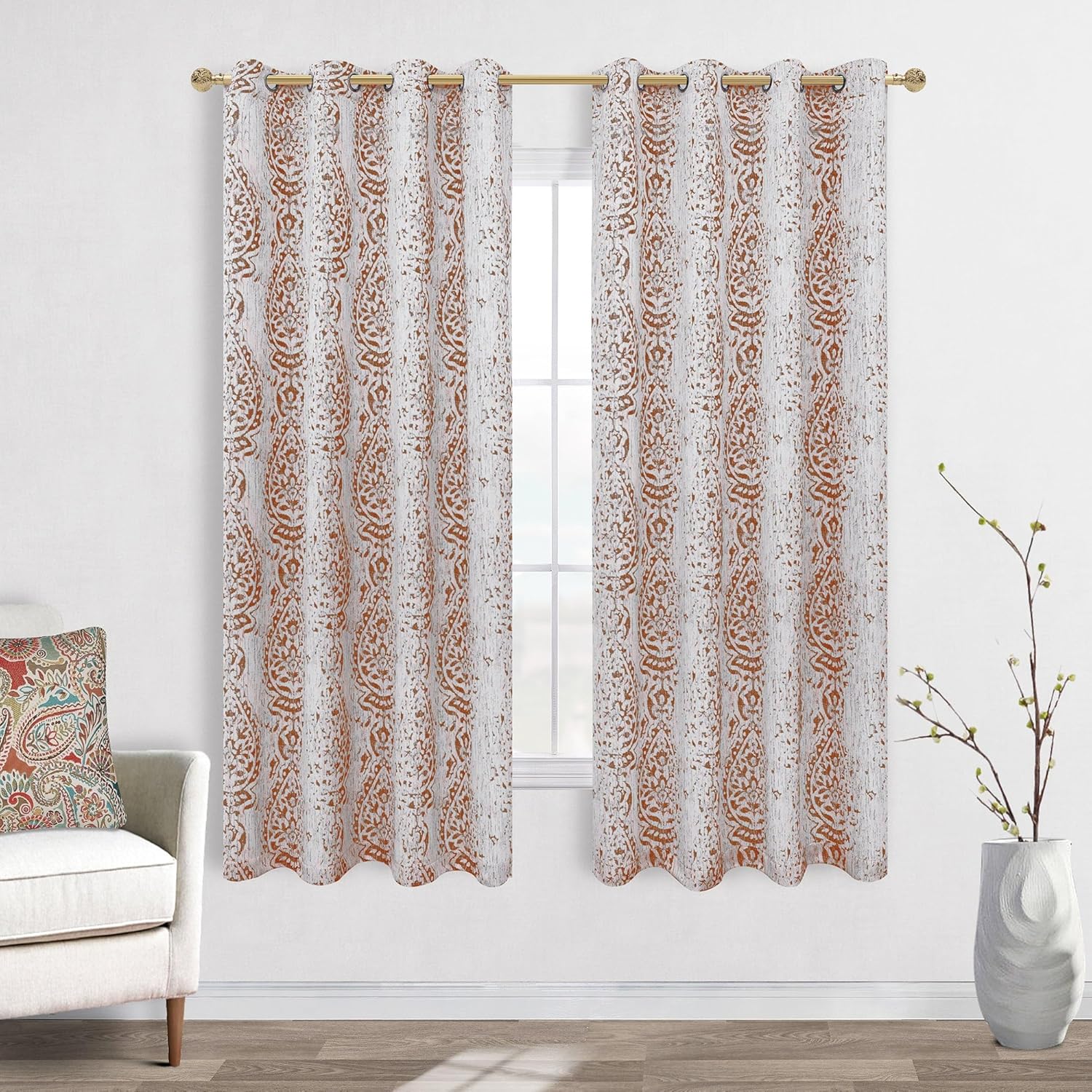 Mrs.Naturall 63 Inch Terracotta Damask Patterned Curtains and Burnt Orange Blackout Curtains for Bedroom Living Room Decor
