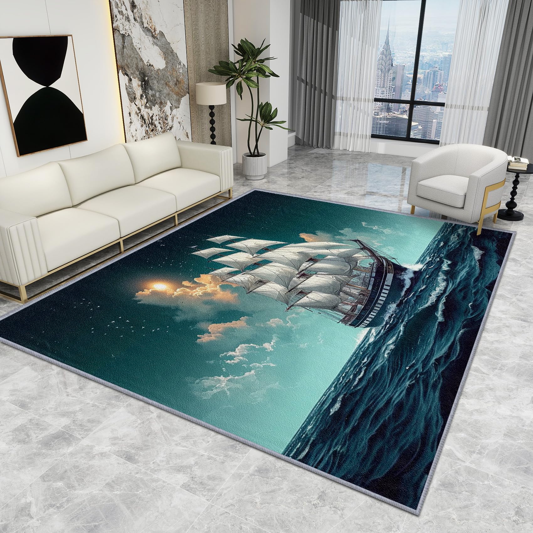 Nautical Bedroom Rugs - Nautical Rug - Sailboat Ocean Sea Coastal Rugs, Sailing Ship Carpet, Washable Rug Non Slip Low Pile Soft Large Area Rugs, Nautical Home Decor Gifts, 100 X 100 cm