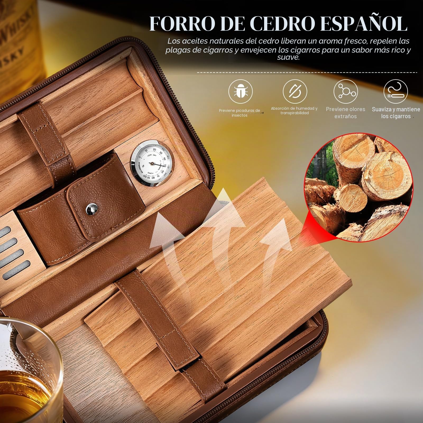 Estuche de Humidor de Cuero Goshentech de Madera de Cedro, Capacidad: 6 Piezas, Estuche de Humidor Portátil para Viajes con Humidificador (Marrón)