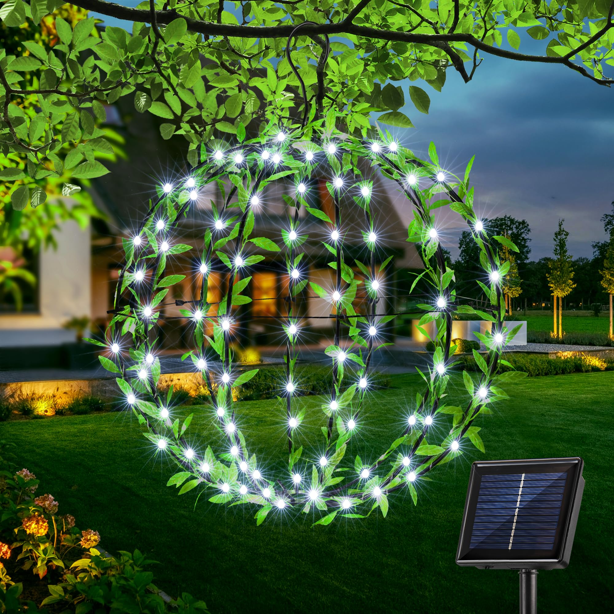 Joomer 120 LED Solar Kugel Außen 30cm Hängende Leuchtkugel Grünem Blatt Faltbar Metall Lichtkugel Solar Gartenleuchten Outdoor 8 Modi Baum Lichterkette Aussen Timer für Balkon Party Haus(1 Stück,Weiß) Beleuchtung