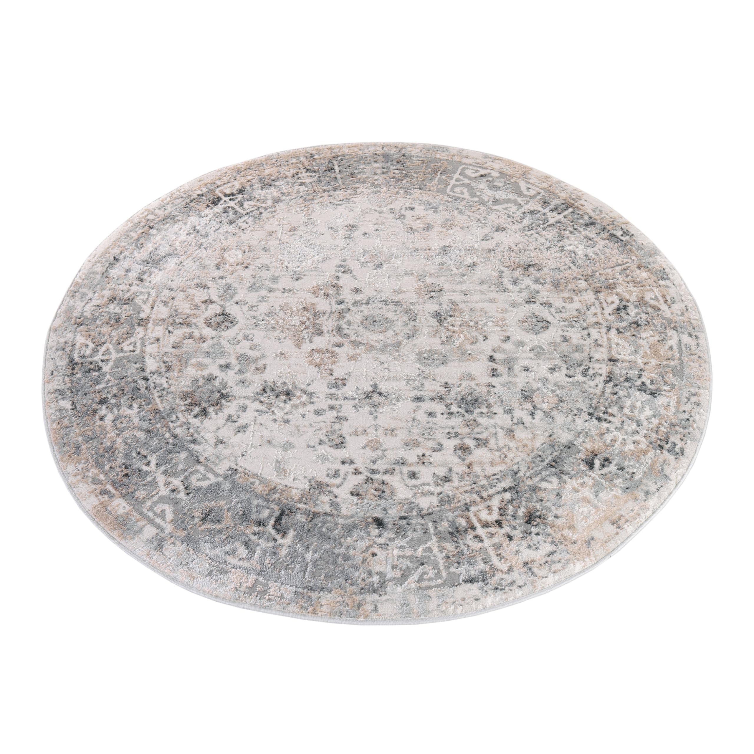 TAPISO Valley Rund Teppich Kurzflor Vintage Hellgrau Blumen 120 x 120 cm