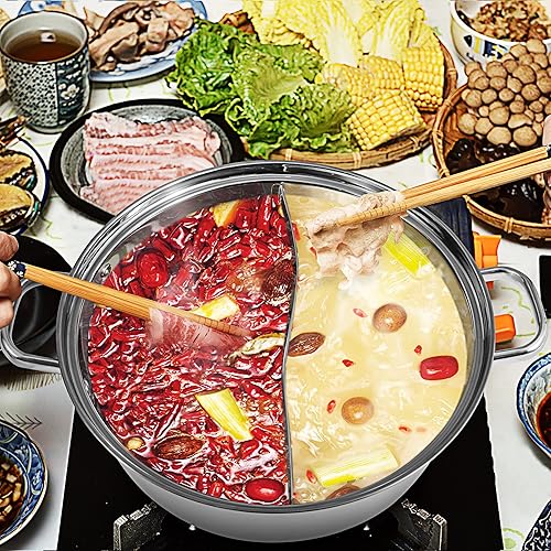 Miniatura 3 de MyLifeUNIT Juego de 3 pares de palillos japoneses extra largos de 14 pulgadas y olla caliente de acero inoxidable 304 con divisor