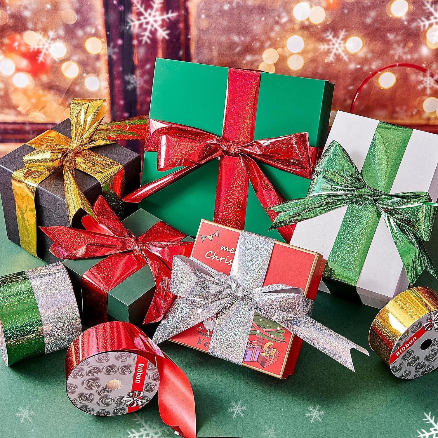 Knitgrip 4 Rolls Wrapping Shiny Waterproof Ribbon for Valentine's, 50 Yards Curling Plastic Ribbon for Gifts Package Wrapping, Bows, Festival Craft Party Decor(Green, Silver, Red, Gold,2 Inch)