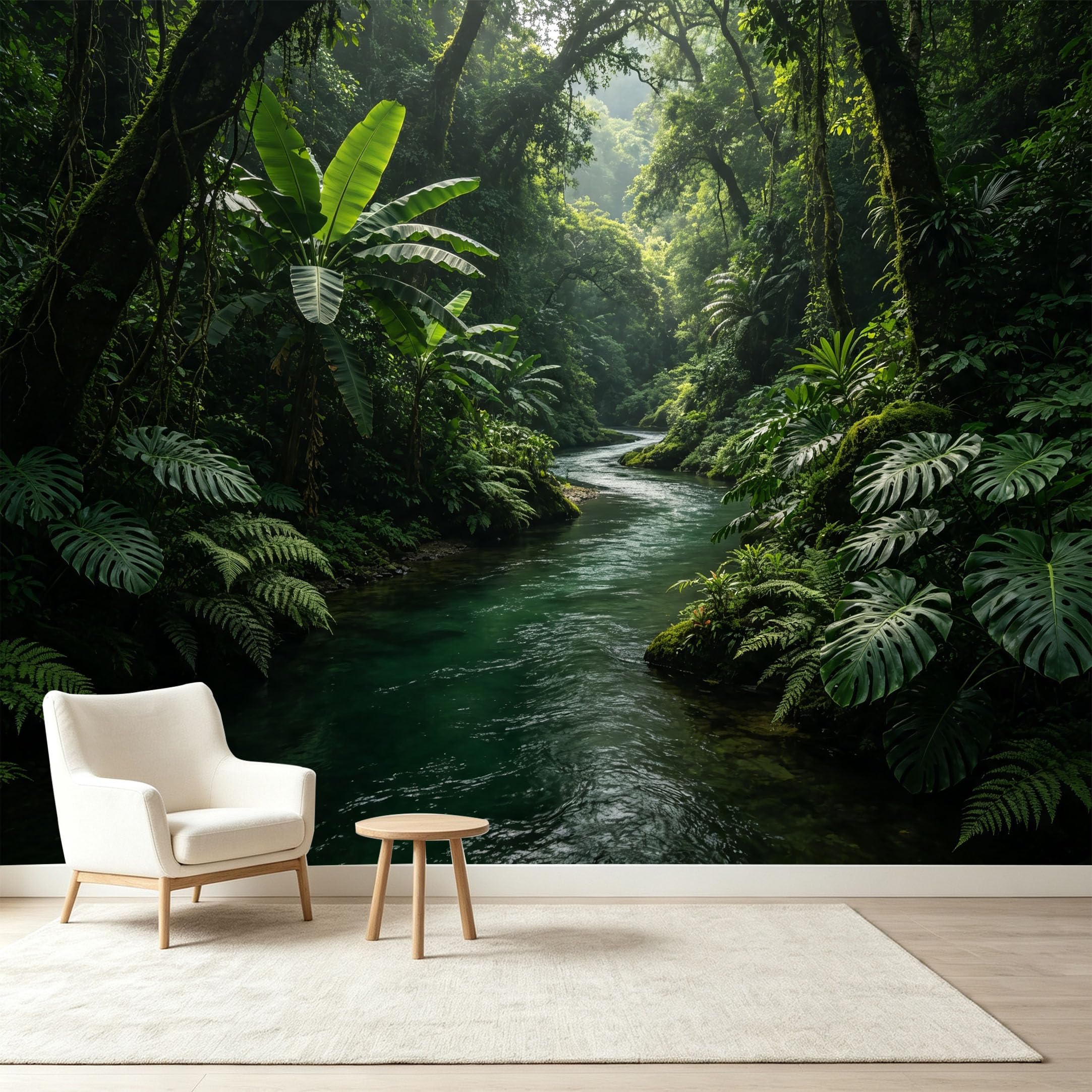 Custom Size Wall Murals Tropical Jungle River Botanical Landscape Self-Adhesive Wall Fabric Removable Wallpaper Wall Decor for Living Room Bedroom Bathroom
