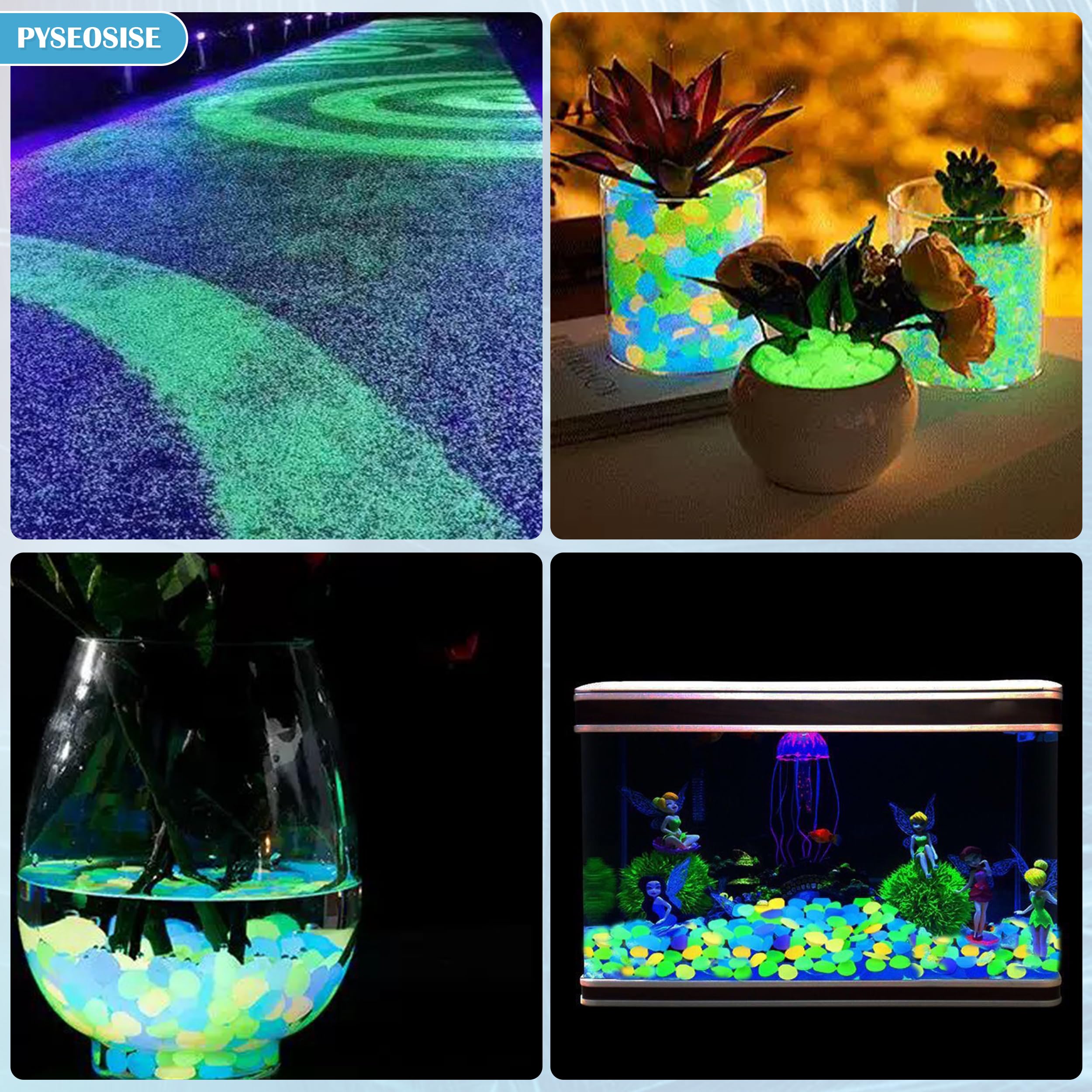 Pietre Luminose, 300 Pezzi Ciottoli Luminosi e 3000 Pezzi Sabbia Luminosa, Pietre Fluorescenti per Giardino Acquario Riempimento Vasi Decorazione