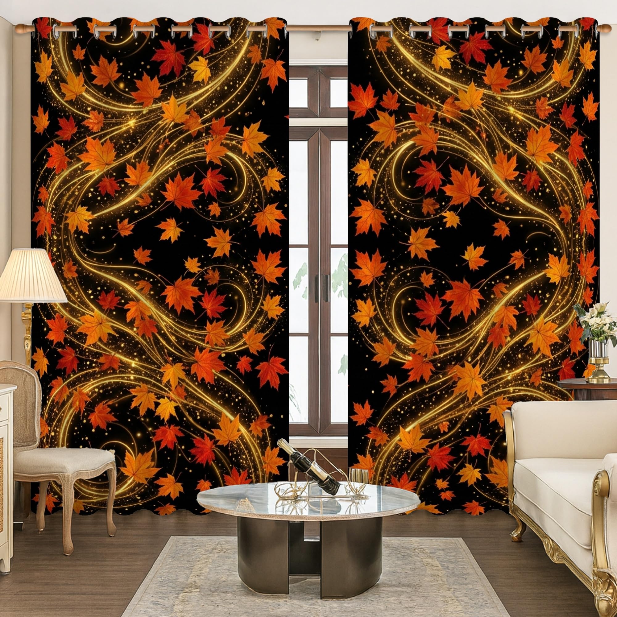 Verdunkelungsvorhänge, Ahornblätter, traditionelle Wirbel, Sterne, Herbst, schwarz, wärmeisoliert, Ösenvorhänge für Wohnung, Wohnzimmer, Schlafzimmer, 132 x 213 cm