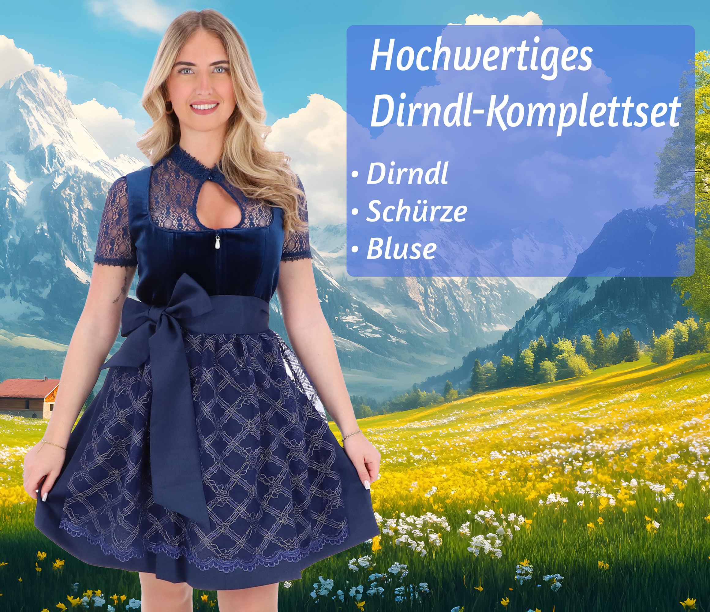 Steigenhöfer Manufaktur Dirndl Damen im Set - Oktoberfest Outfit - Set enthält Kleid Bluse und Schürze - Midi Dirndl mit 60cm Rocklänge - Feine Samtoptik und Perlenapplikation - Franziska