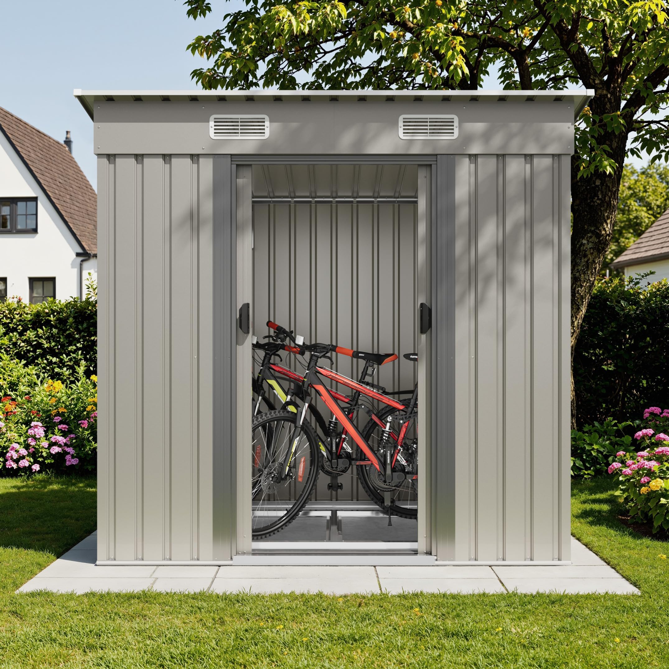 Devoko Metall Geräteschuppen 196x122x182cm mit Fundament, 4.0m³ Gerätehaus mit Pultdach und Schiebetür, Outdoor, Wetterfest, Gartenschuppen für Fahrrad,Terrasse, Rasen, Grau