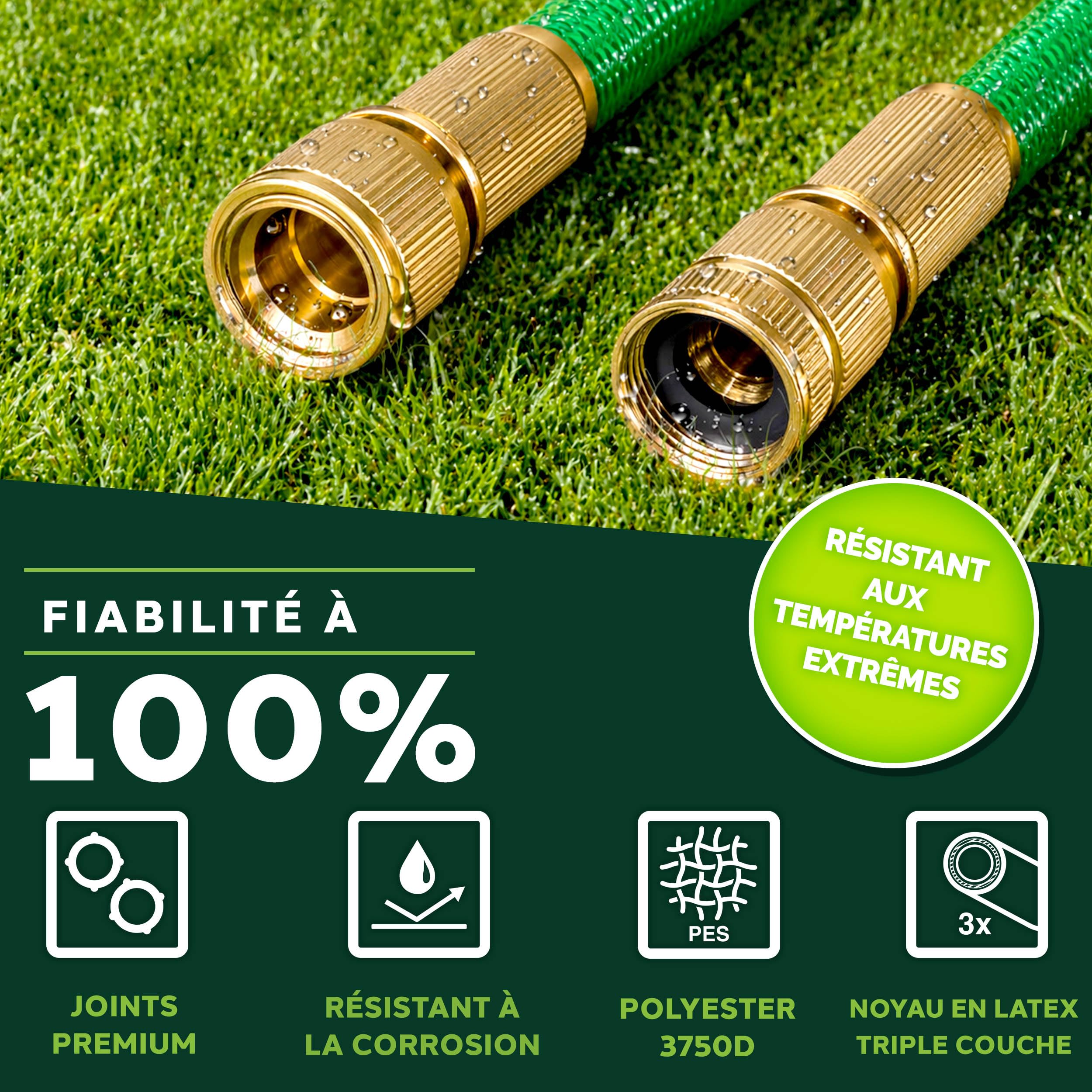 TRESKO® Tuyau d'arrosage Flexible et Extensible pour Jardin | Extensible | avec 3 Embouts en Latex | Tuyau d'arrosage rétractable (Vert, 15m)