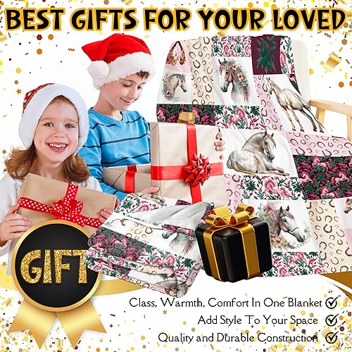 Miniatura 2 de BUYYET Manta de franela de vellón a cuadros con estampado de caballos, manta de caballo para niñas y mujeres, regalos para amantes de los caballos,