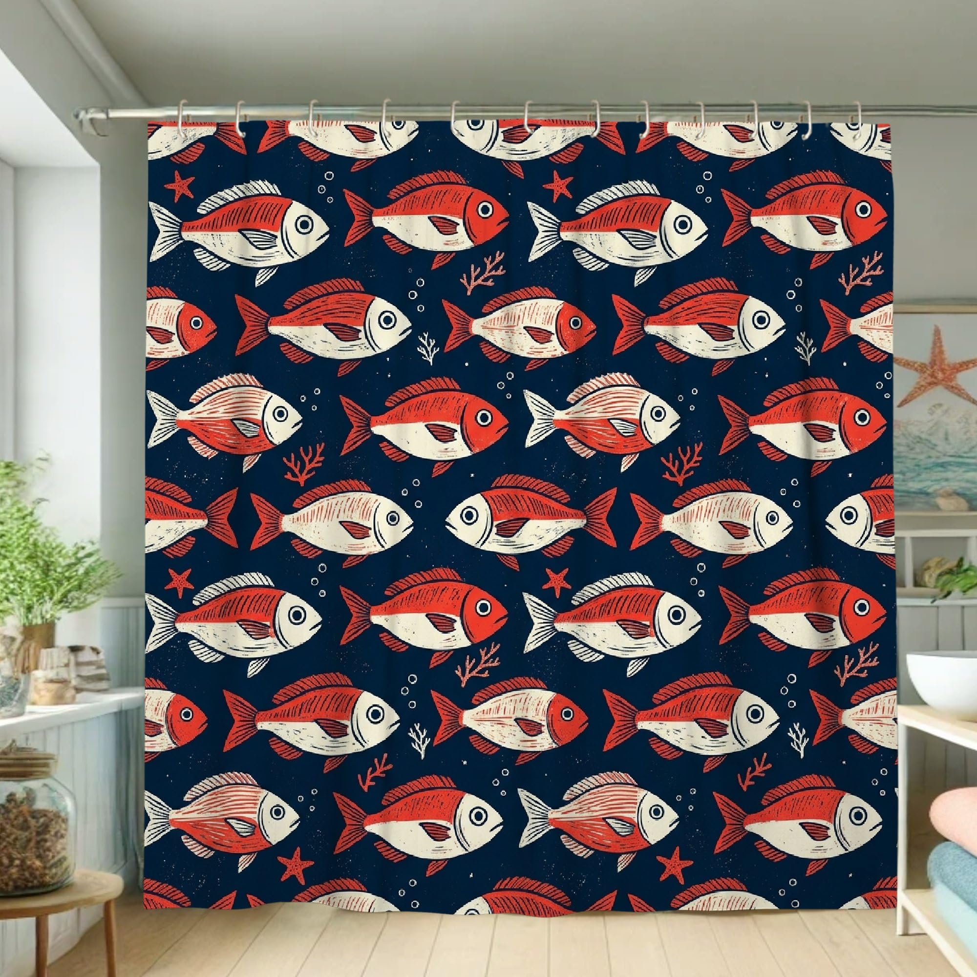 Rideau de douche anti-moisissure en tissu imperméable bleu marine et corail