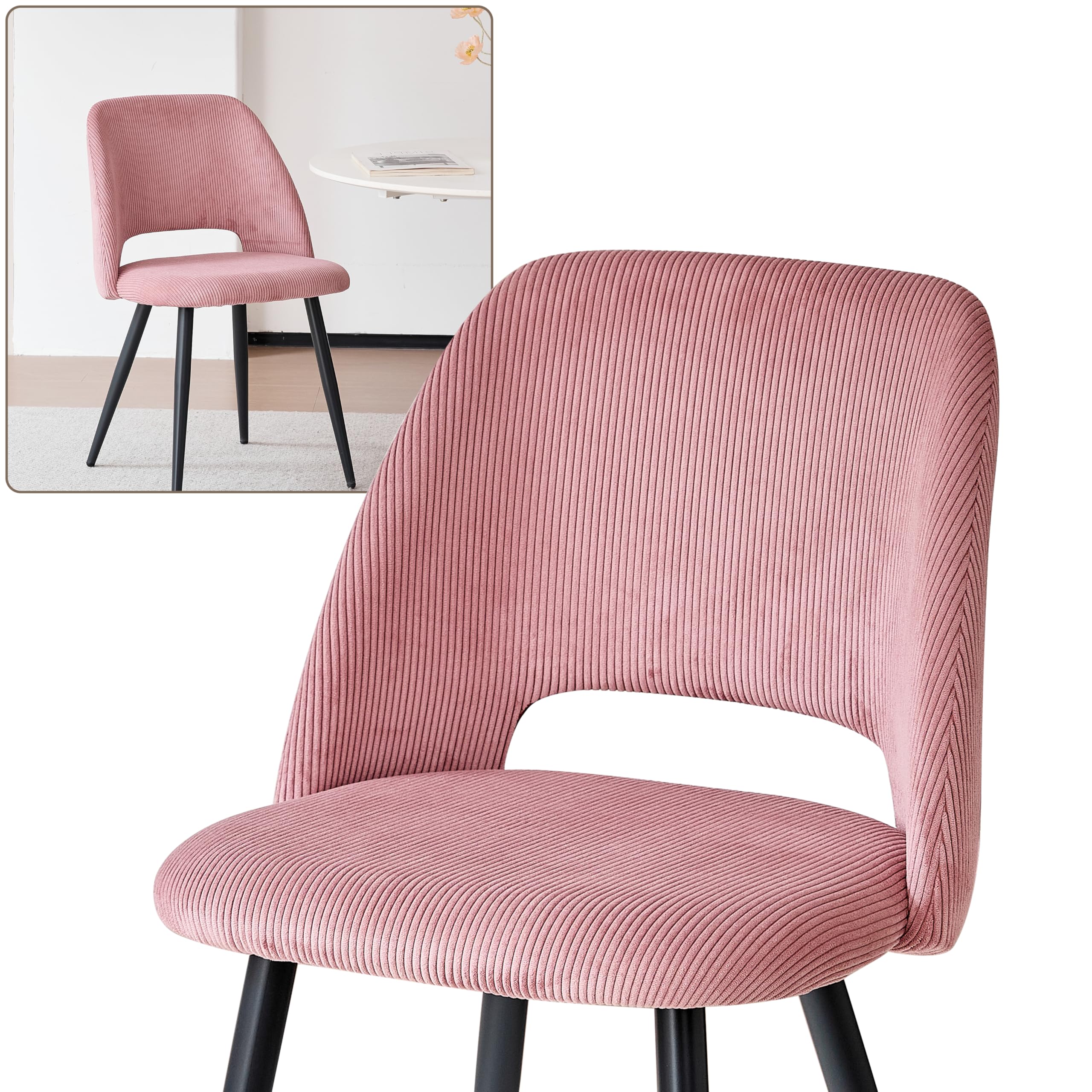 Esstisch und Stuhlset, Runder Esstisch mit 4 stühlen aus Cord,Durchbrochener Gepolsterte Küchenstühle,100cm Runder Esstisch,Küchentisch mit Stühlen,für Esszimmer,Küche(Dunkel + Rosa)