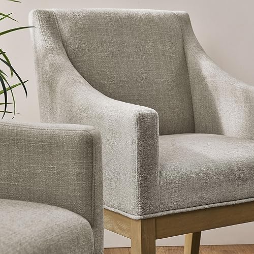 Miniatura 5 de Modway Alton Silla de comedor tapizada con brazos en lino natural – Silla de cocina acolchada moderna de mediados de siglo con patas de madera –