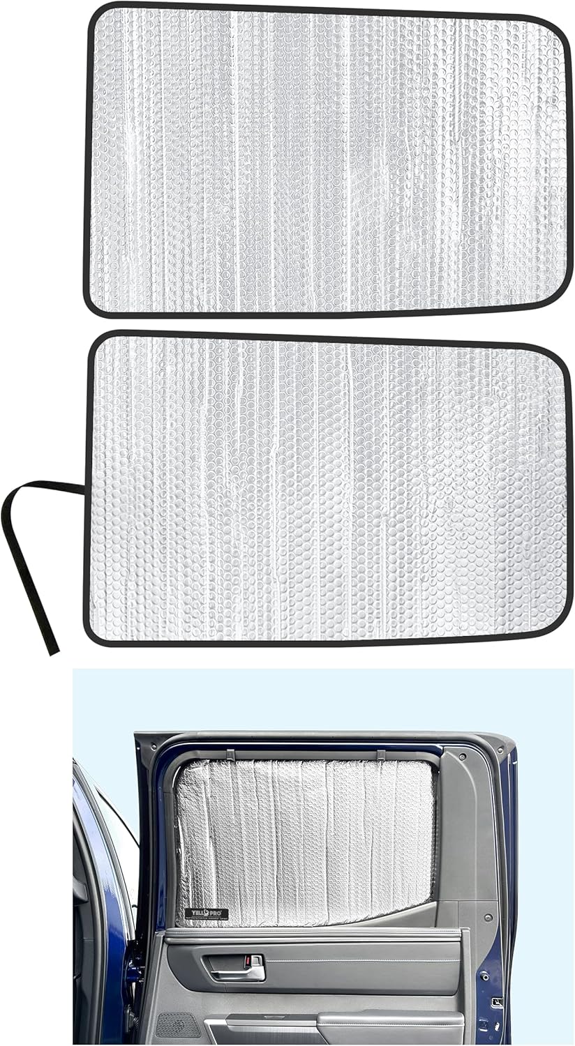 YelloPro Side Window Rear Seat Sunshade (Set of 2) Custom Fit for 2022 2023 2024 2025 2026 Toyota Tundra, 4Dr 4Door Crew Max Cab, Sun Protection UV Reflector Insulated Accessories [Made in USA]