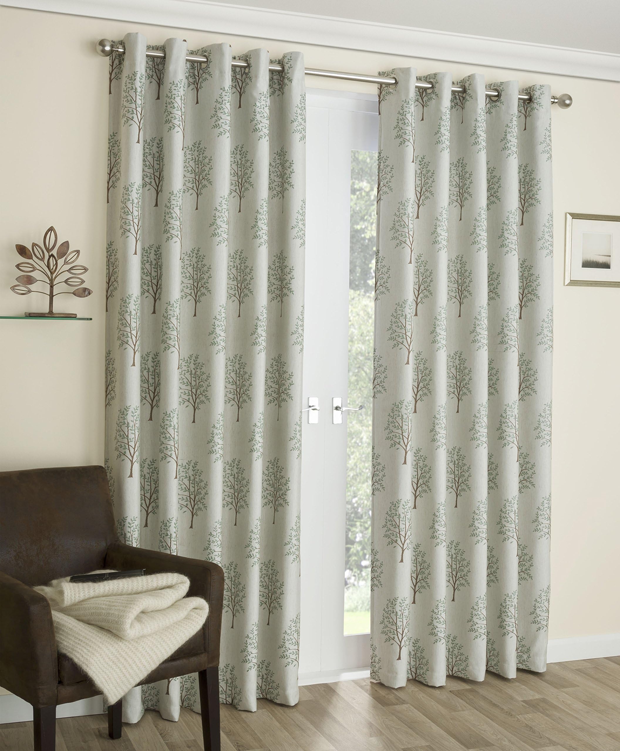 Mulberry Sage Green Eyelet Ring Top Curtains Plain Slub Effect Cream Background Printed Trees 53"X90" (134cm Wide X 229cm Drop) Thermal Backed / Semi-Blackout / Blockout Curtains Interlined
