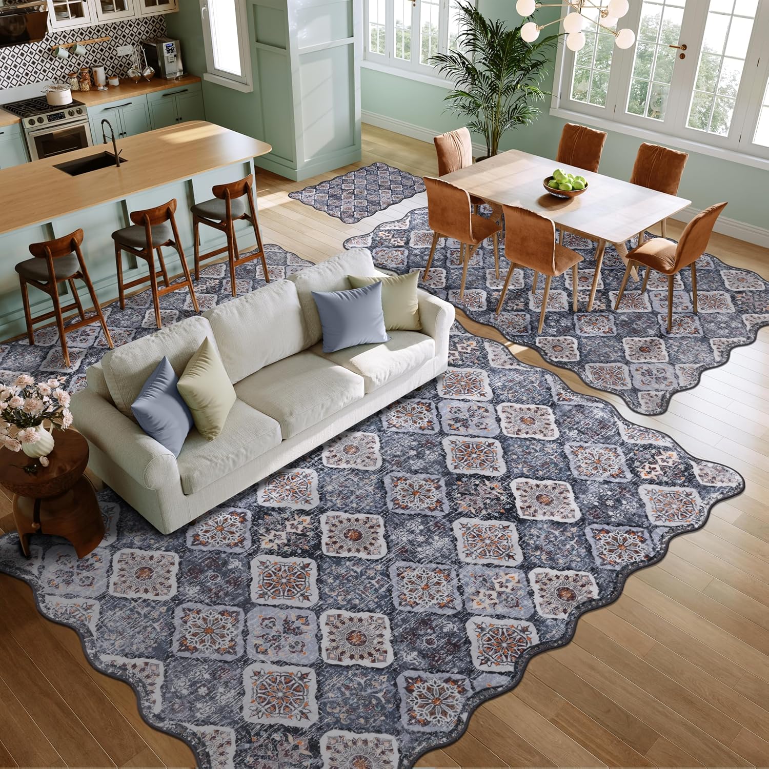 3x5 Moroccan Area Rug, Unique Scalloped Ultra-Thin Soft Washable Rug, Non-Slip Stain Resistant Lightweight Low-Pile Carpet for Living Room Bedroom Dining Room Office (Black)