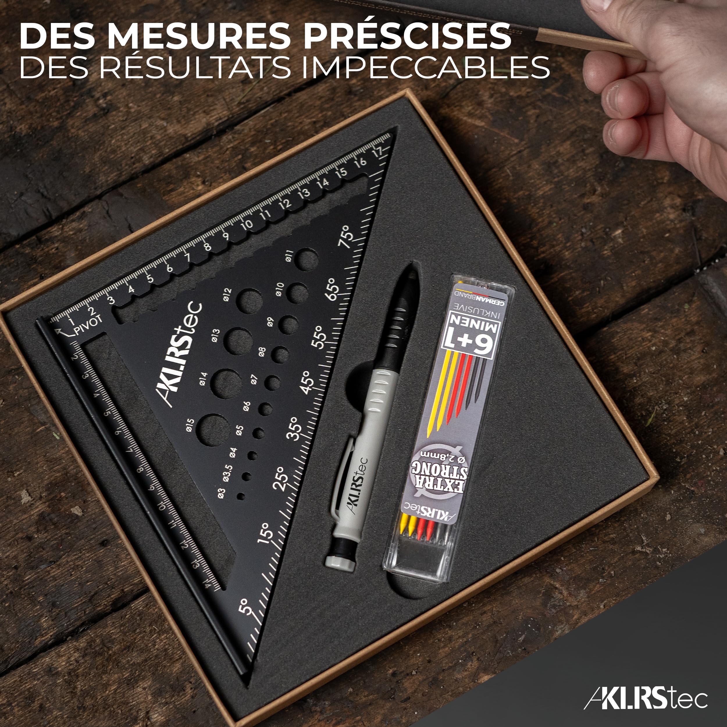 KLRS tec Kit d'équerre de charpentier professionnel – Kit d'équerre de menuisier de qualité supérieure avec marqueur à trous profonds [+mines] Ensemble d'outils d'équerre de mesure en métal