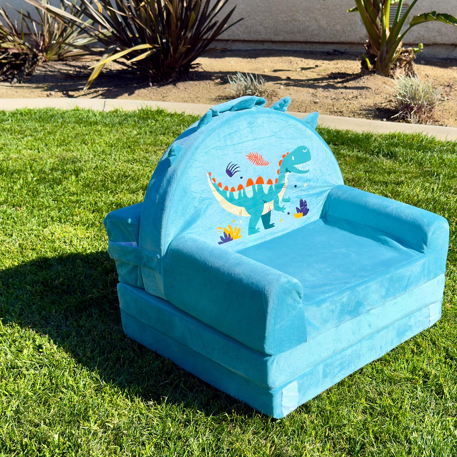 Dinosaur Kids Sofa Bed with Removable Washable Cover & Magic-Tape Backrest –Foldable Toddler Chair Kid Couch, Cozy Crystal Velvet Furniture for Playtime, Naps & Travel (Soft Ggreen, Dino Design)