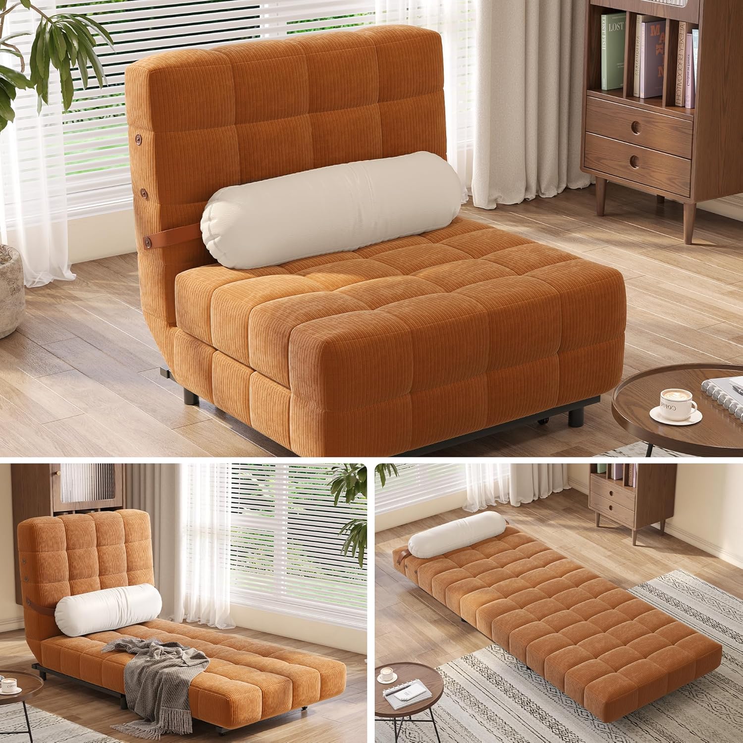 JASIWAY 3 in 1 Convertible Sleeper Chair Bed, Corduroy Folding Armchair Sleeper Couch with Adjustable Backrest, Modern Futon Chair Single Guest Bed for Small Space, Apartment, Corduroy Beige, 30" | 3 in 1 Convertible, Adjustable Backrest, Premium Fabric, Widened Armrests, Triangle Support