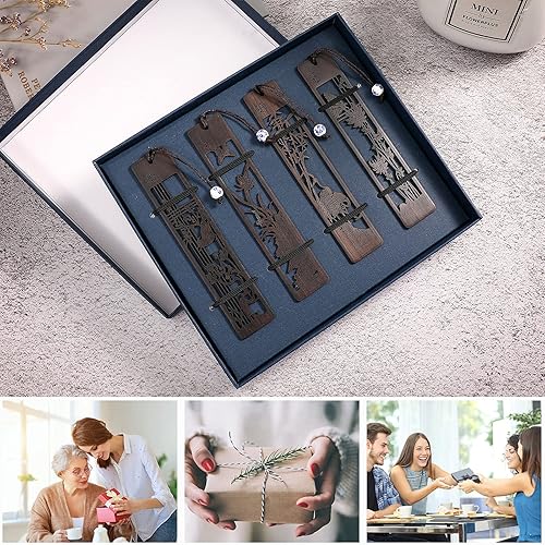 Miniatura 7 de Marcapáginas de madera de 4 piezas para hombres y mujeres, amantes de los libros, hecho a mano de madera natural, marcapáginas para libros tallados,