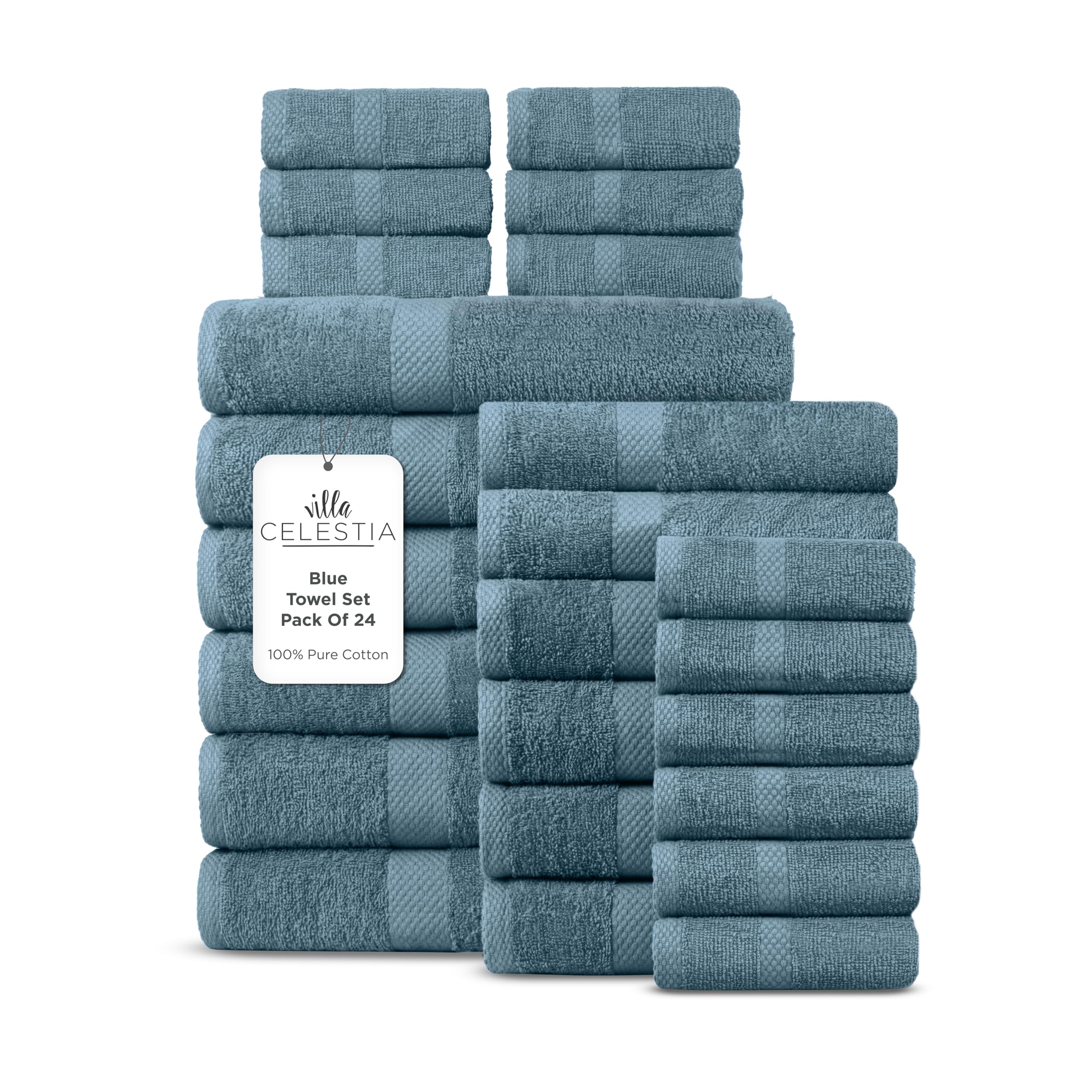 100% Cotton Bath Towel Set of 24-6 Bath Towels, 6 Hand Towels, 12 Wash Cloths, Sustainable, Soft, Highly Absorbent, Combed Cotton 24 Piece Set for Hotels, Spa, Bathroom, Dorm, Blue