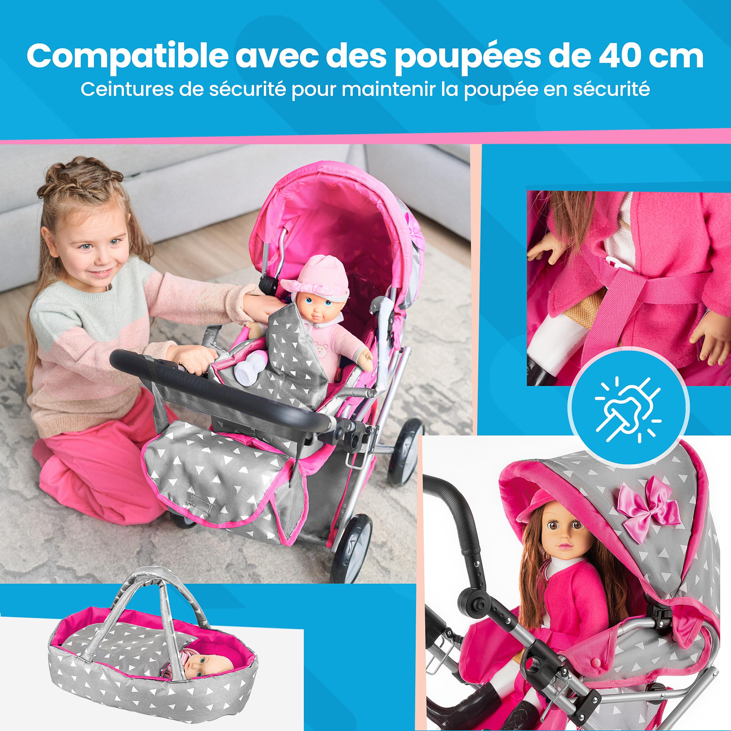 Kinderplay Poussette Poupee, Poussette Jouet - Poignée de la Poussette Entre 36.5 et 64 cm, avec Prise Souple, 3en1, KP0200S