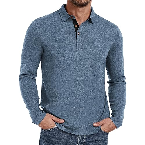 PEGENO Mens Polo Short/Long Sleeve Shirt Classic Button Basic Solid Color Designed Collared Polo Shirt Fashion Casual Shirts