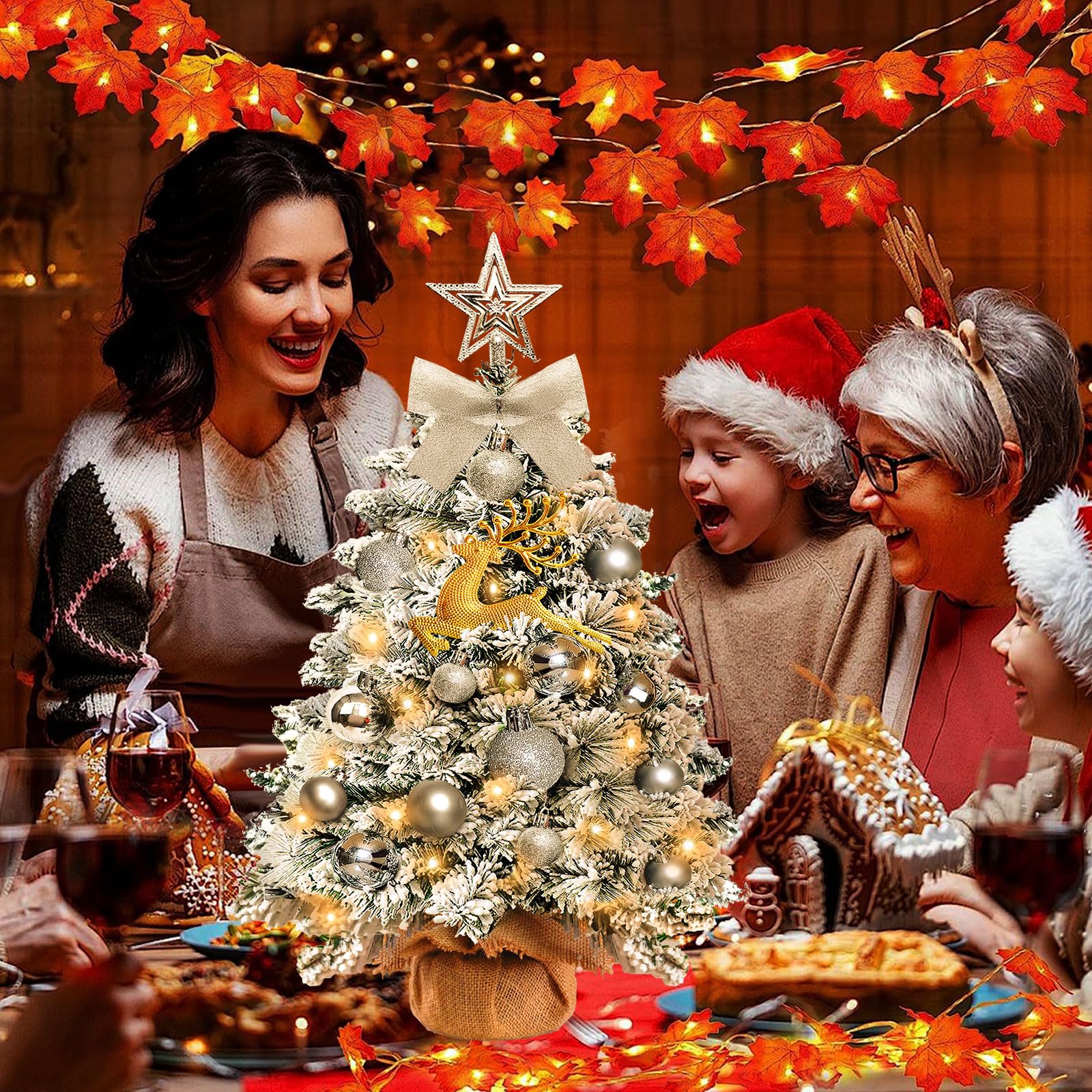 Mini Albero di Natale Artificiale Piccolo,60 cm Albero di Natale Piccolo con Luci con 23 Decorazioni Natalizie Fai da Te,Albero di Natale con Adatto per Natale e Capodanno﻿ (floccaggio)