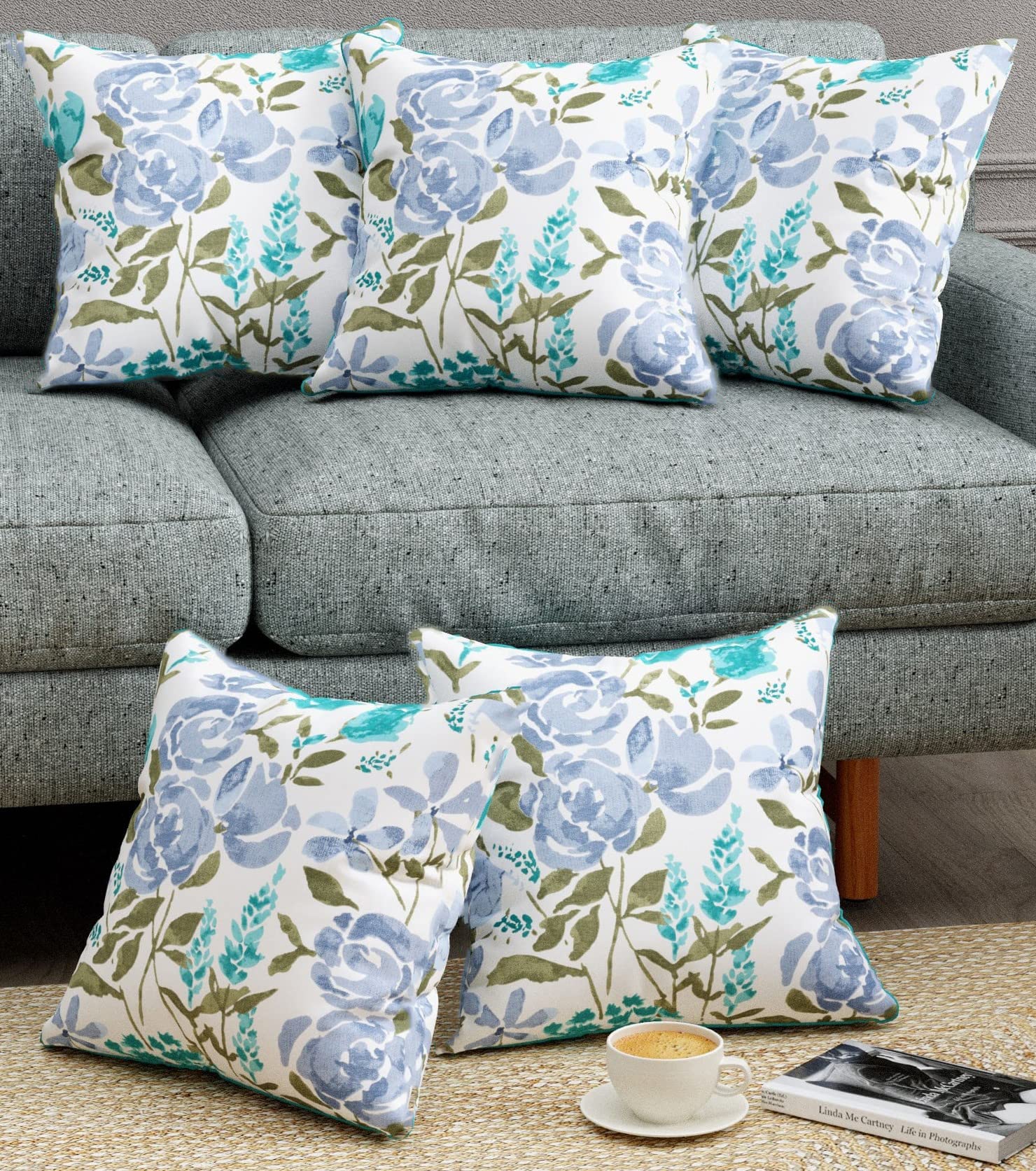 Trance Home Linen Fundas de cojín 100 % algodón grueso estampadas de 24 x 24 pulgadas para sofá y Diwan | Fundas de almohada de almohada pequeñas (24 x 24 pulgadas | 60x60 cm, azul Huvu) - Juego de 5