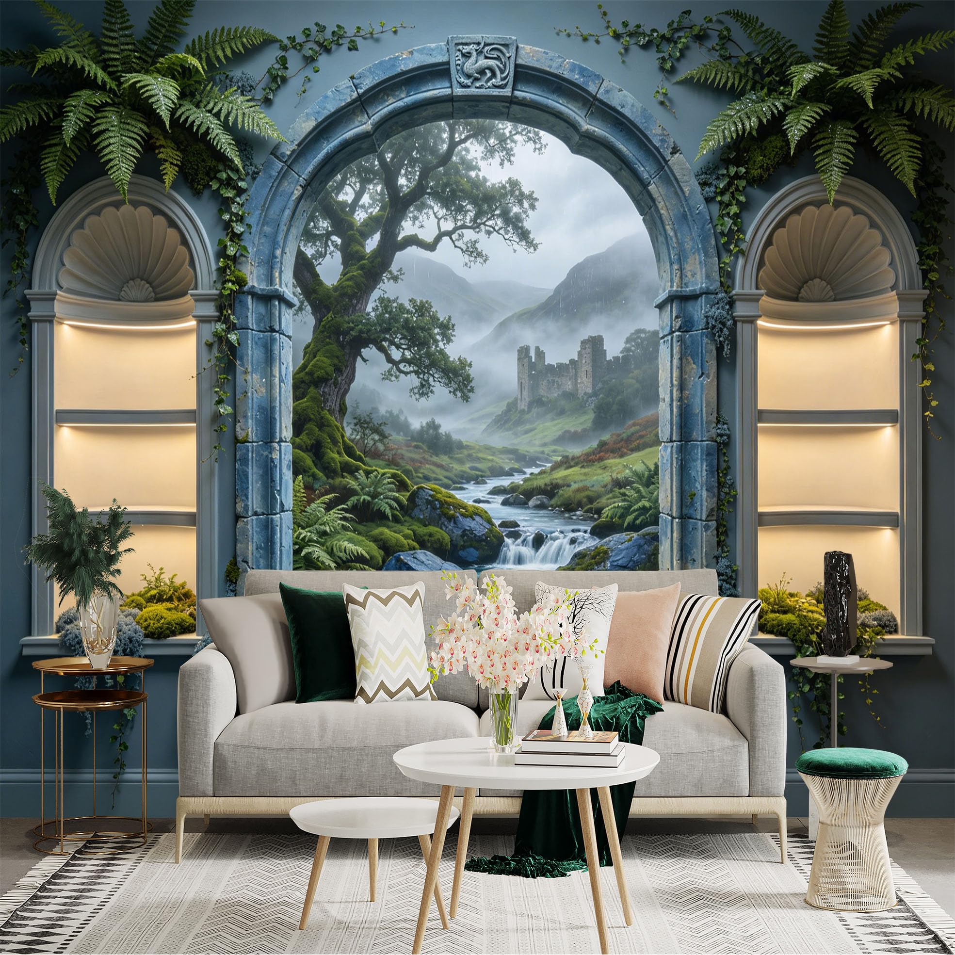 Custom Size Wall Sticker Mural， Scenic River with Waterfall， Castle Ruins and Lush Forest， for wall Decoration， peelandstick wall Decals.