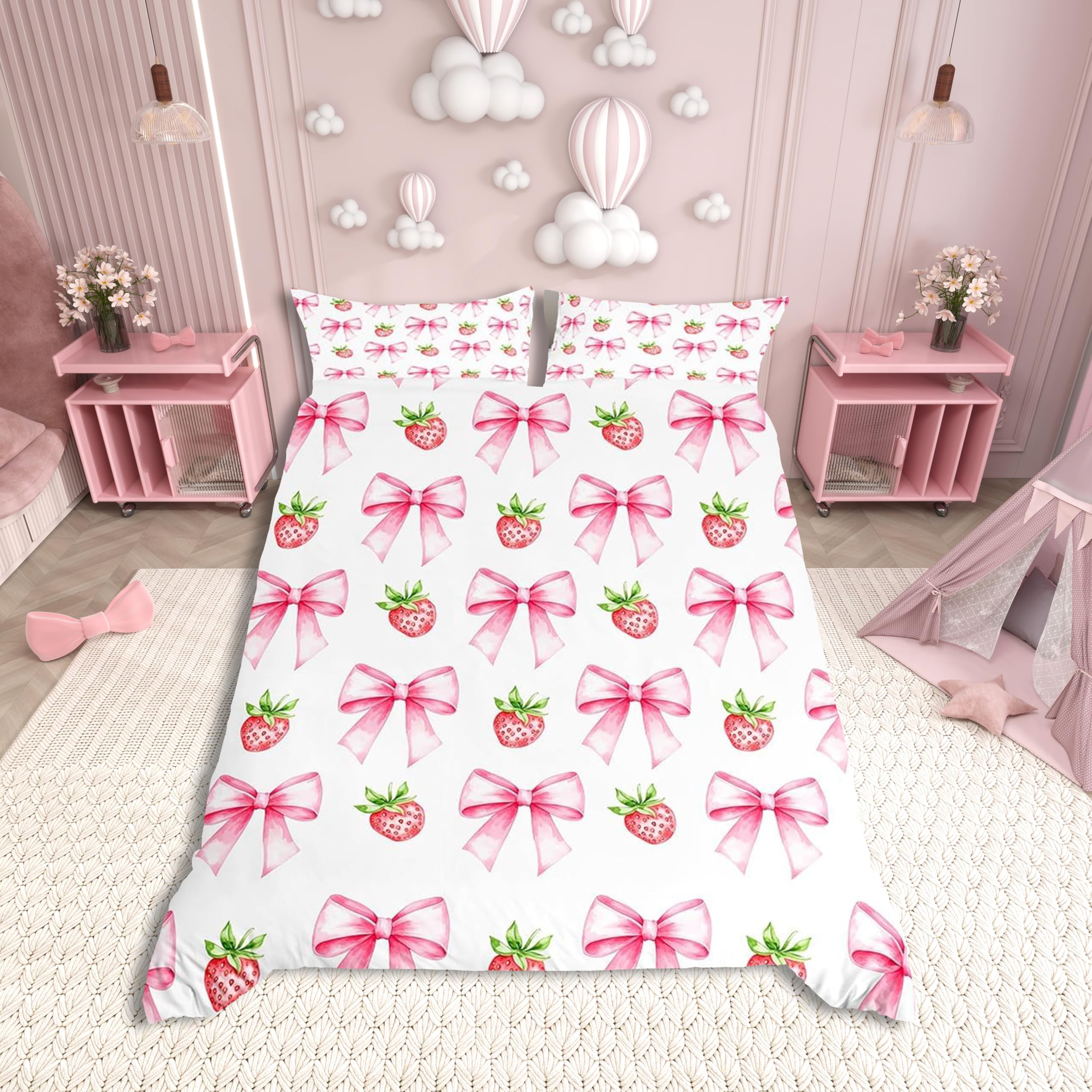 Pink Bowknot Kids Duvet Cover Set King Size,Strawberry Summer Fruit Toddler Bedding Set,Girls Women Room Decor,Bow Tie Butterfly Knot Princess Cartoon Cute Quilt Cover,2 Pillowcases(No Comforter) — image 1