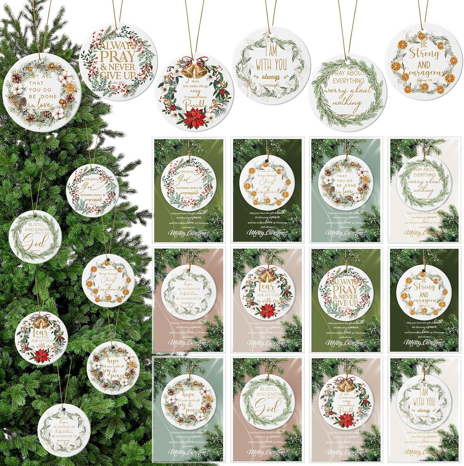 24 Sets Christmas Christian Ornaments Bulk Religious Gift Bible Verse Ceramic Hanging Ornament Round Inspirational Scripture Quotes Sign with Card for Xmas Tree Decor Church Family Sunday