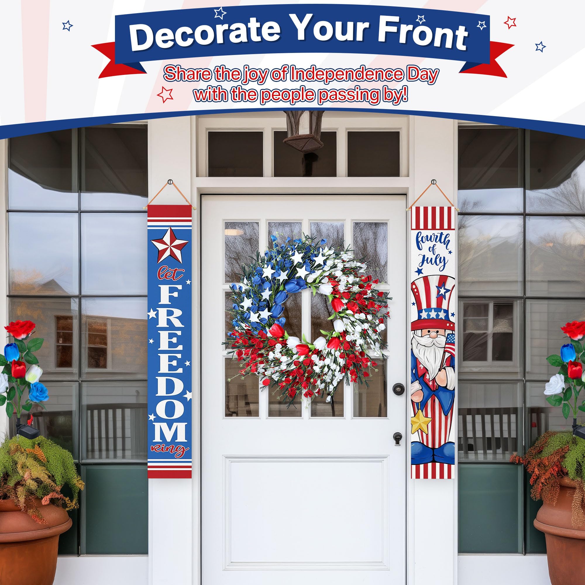 Enhon Patriotic 4th July Front Door Wreath, Ideal Red, White and Blue Foam Flower Wreath for Independence Day, Memorial Day and Flag Day, American Wreath with Tulip and Star