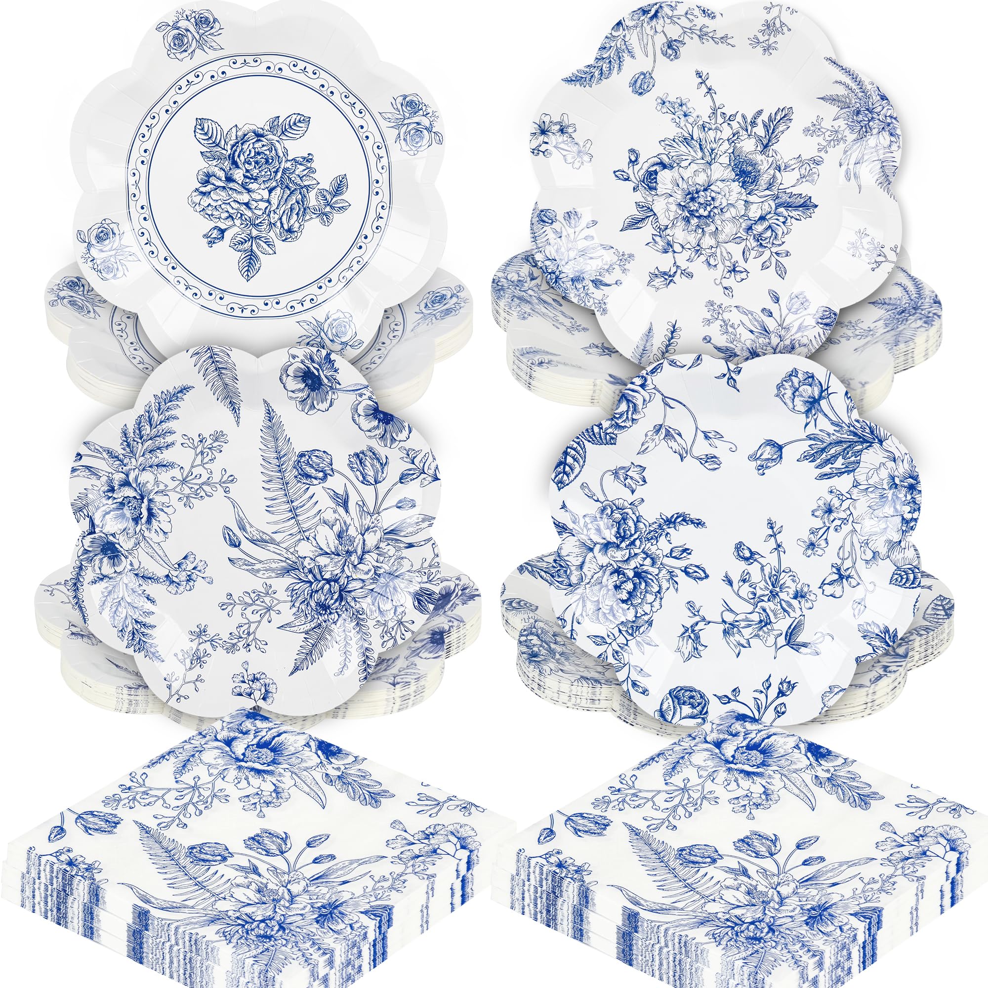 98Pcs Blue Floral Paper Plates Blue and White Floral Plates Napkins Disposable Blue Flower Scalloped Decorative Plate Bridal Dessert Chinoiserie Plate for Wedding Bridal Tea Party Supplies,7 Inch