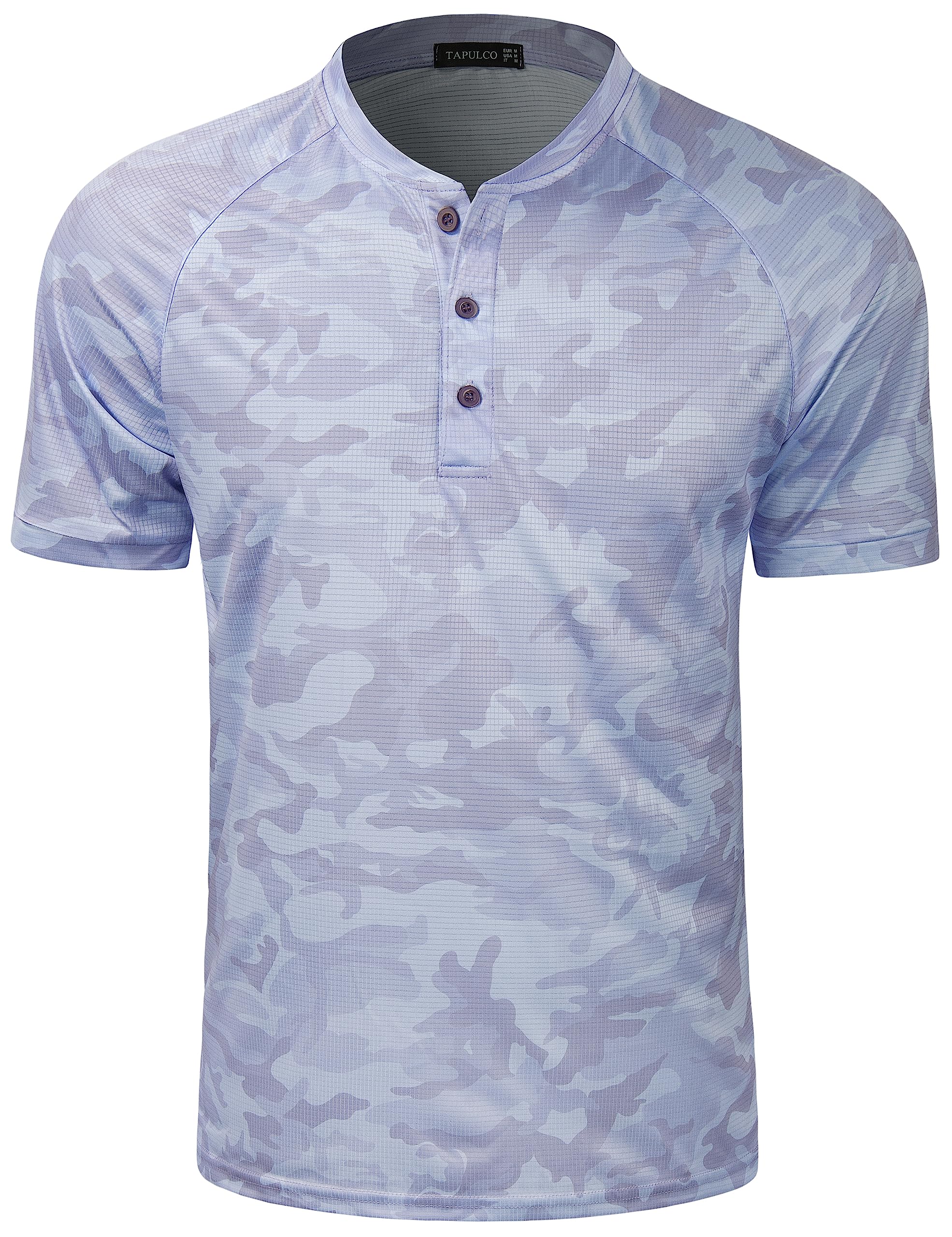TAPULCO Mens Collarless Golf Shirts Short Sleeve Dry Fit Stretch Casual Breathable Lightweight Tshirts, Short Sleeve - Camo Light Purple, S