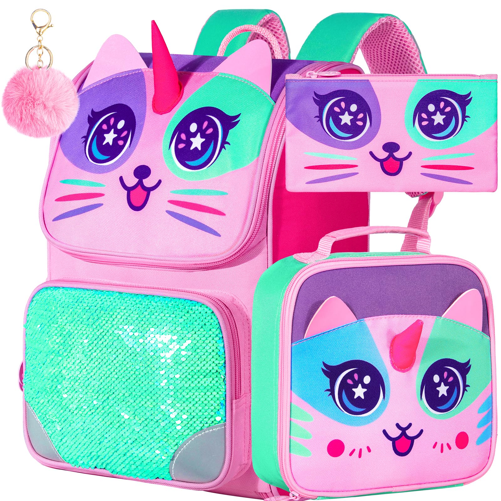 KLFVB 3PCS Backpack for Girls and Boys 15 Unicorn Dinosaur Bookbag with Lunch Box Kids Preschool School bag