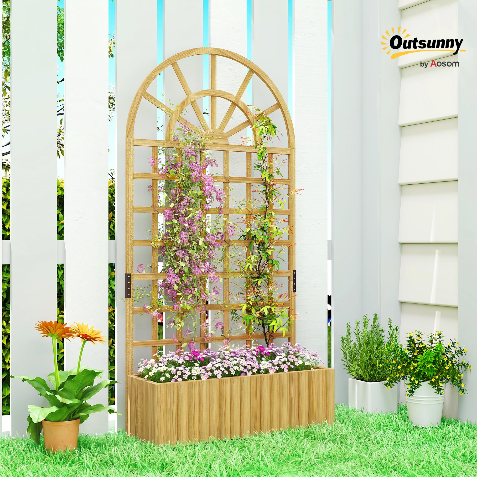 Outsunny Jardinera con Enrejado de Madera, Jardinera Exterior Grande para Plantas Trepadoras, con Ofricios de Drenaje, Macetero Elevado para Jardín, Patio, Terraza, 90x30x180 cm, Natural