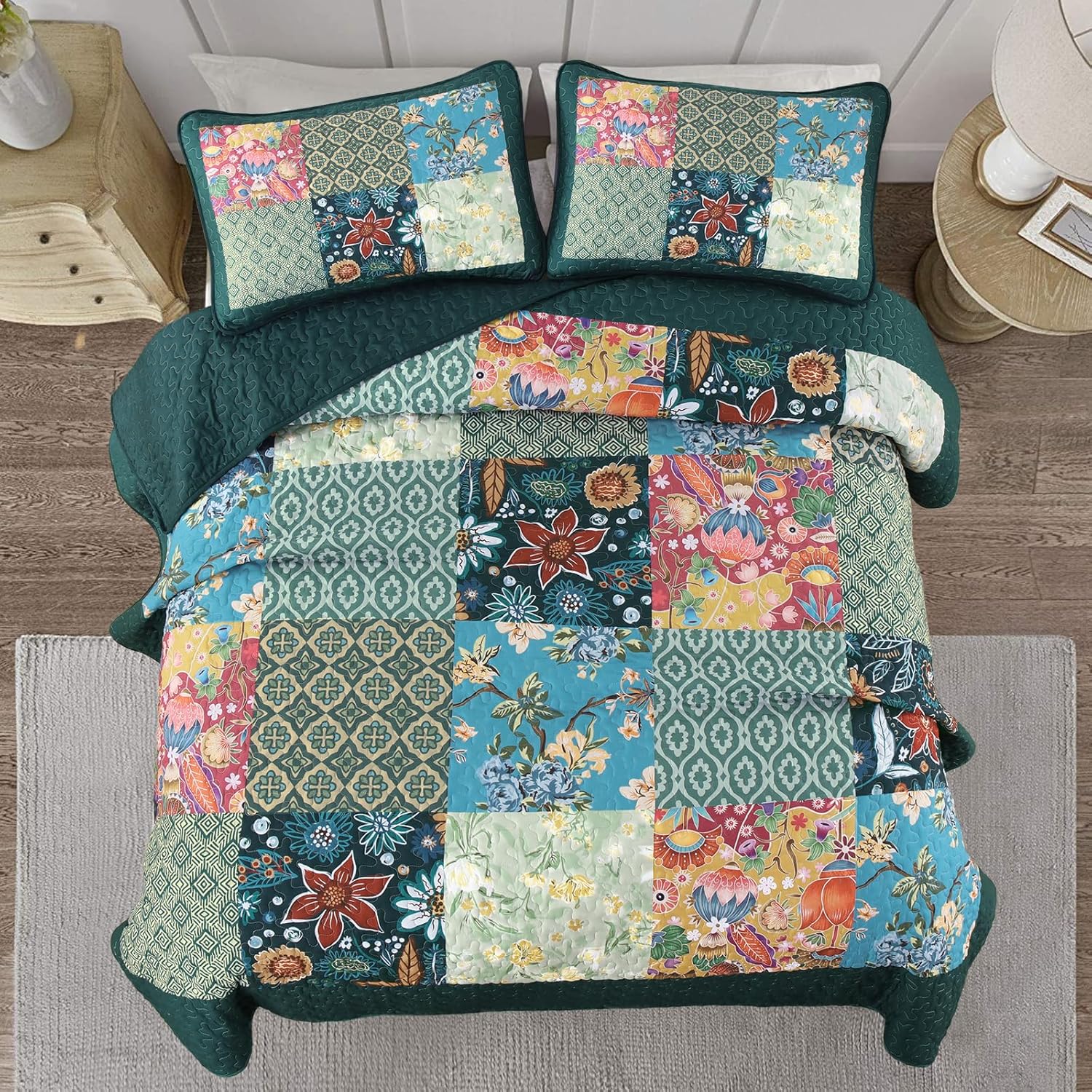 DJY Patchwork Quilt Set King Size 3 Pieces Green Plaid Floral Bedspread Coverlet Set, Boho Turquoise Rustic Lightweight Reversible Bedding Quilt for All Season (110''x90'') - Image 3