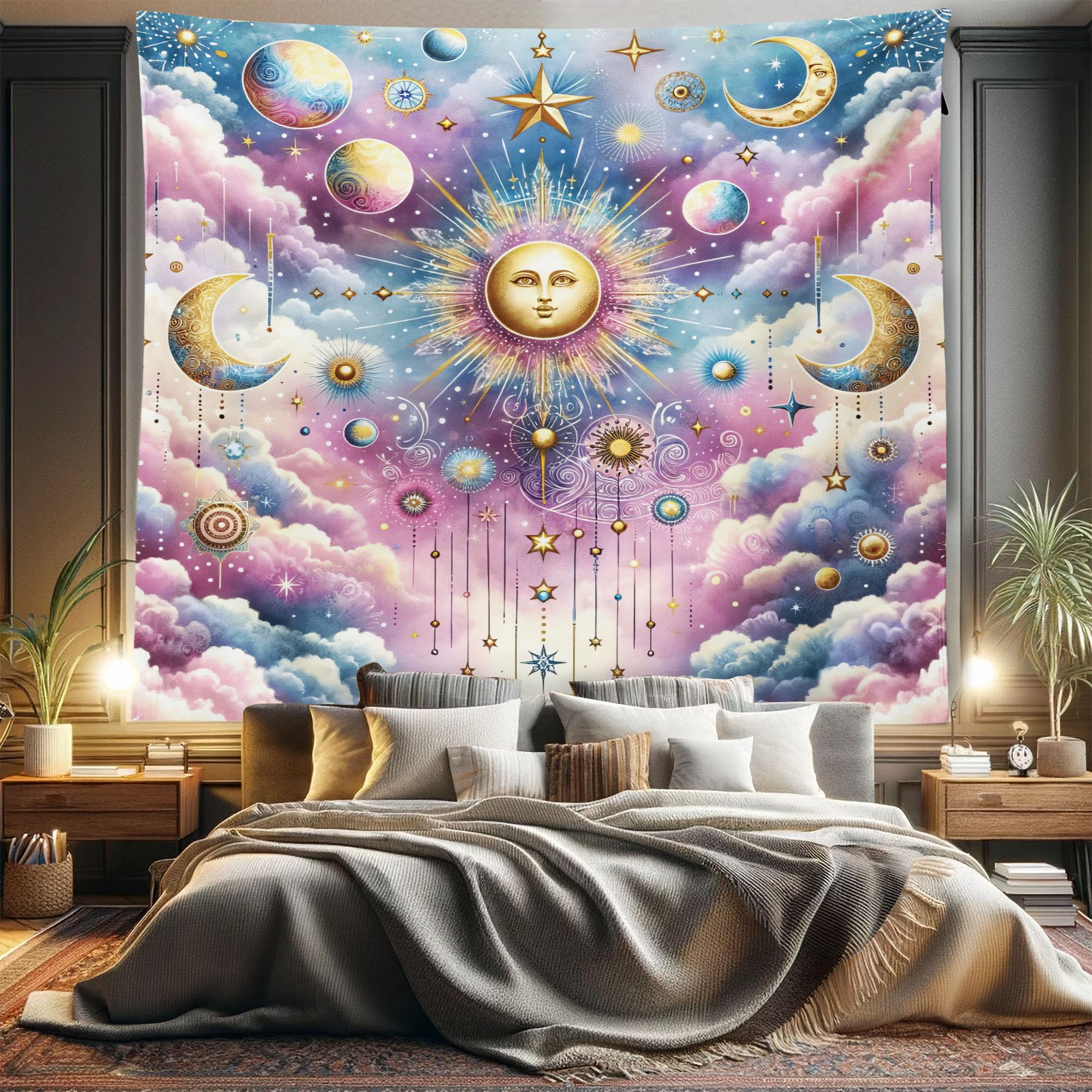 Ambesonne Celestial Tapestry King Size, Sun with Face Crescent Moon and Stars with Tie-Dye Tone Clouds Sky, Wall Hanging Bedspread Bed Cover Wall