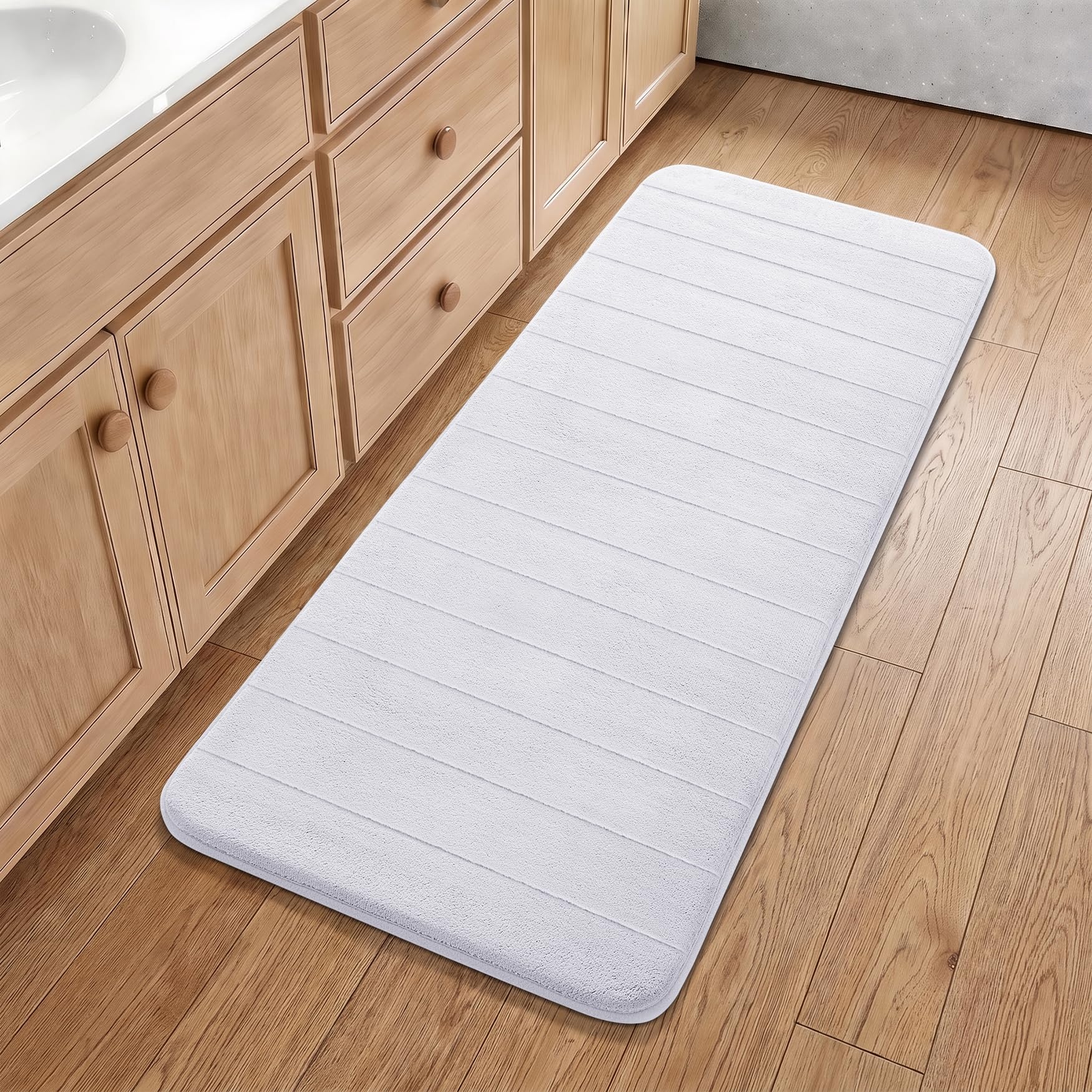 Yimobra Bathroom Runner 55"x24", Non Slip Memory Foam Bath Mat, Super Soft Water Absorbent Hallway Carpet, Machine Washable Rug for Vanity Tub Shower, White