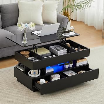 Lift Top Coffee Table, Modern Coffee Table with Hidden Compartment and Ajustable LED Light, Lift Tabletop Dining Center Table with 2 Storage Drawers for Living Room, Office Black