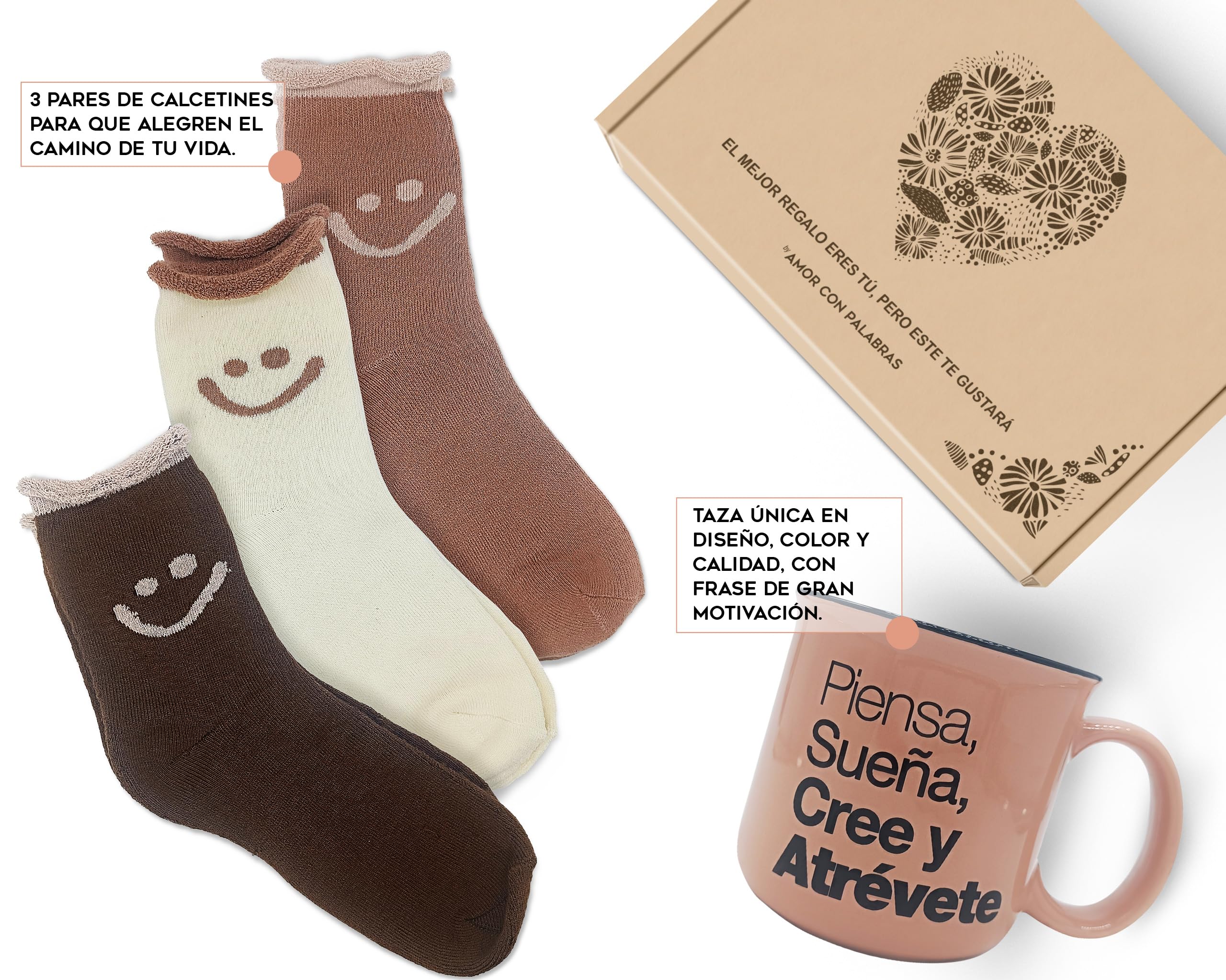 Set de Regalos Originales para Mujer con Calcetines Calentitos y con Carita Feliz y Taza Inspiradora " Piensa, Sueña, Cree y Atrévete " - Perfecto Regalo Cumpleaños Mujer y otras ocasiones