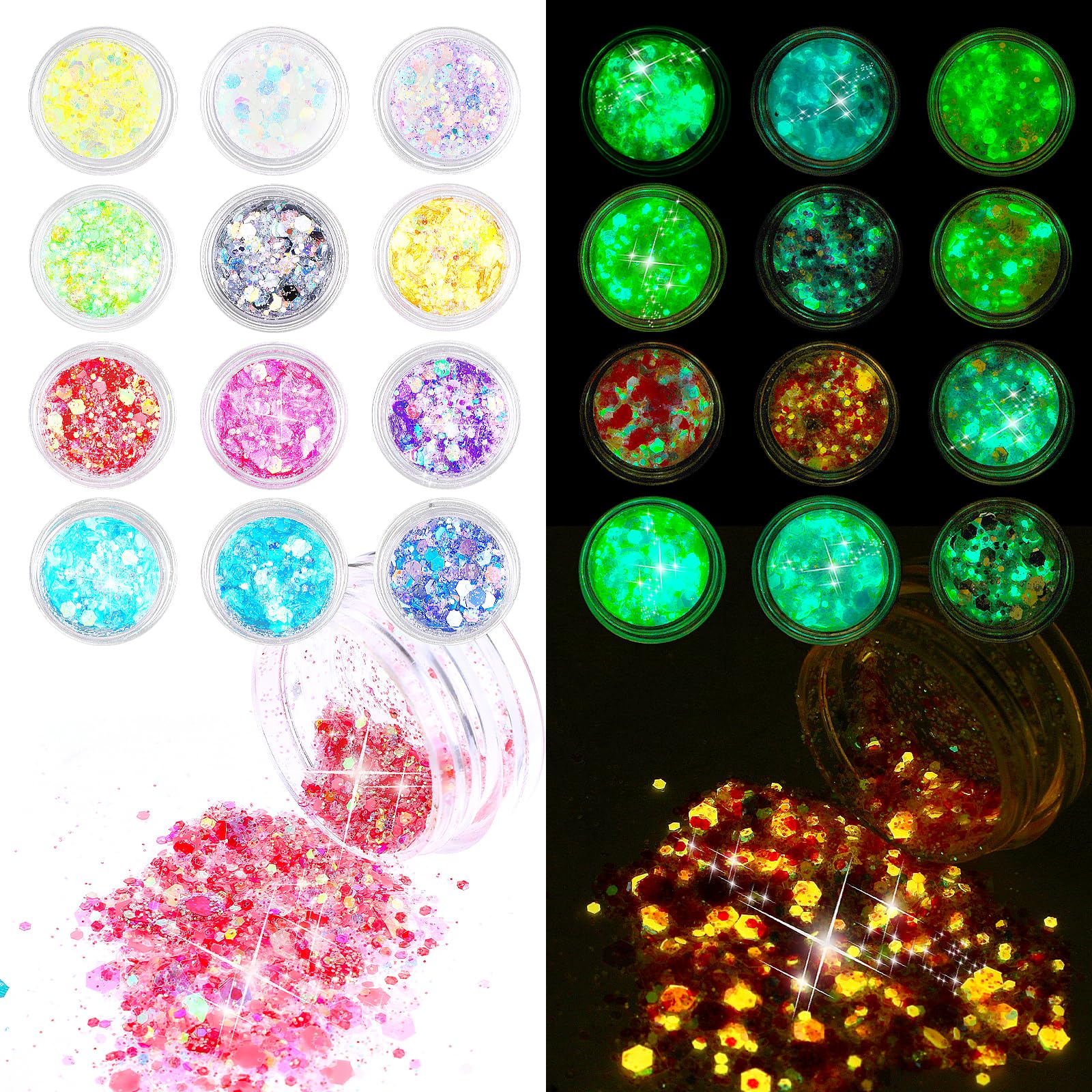 Giantree 12 Colores Purpurina Fluorescente, Kit Purpurina Fluorescente Maquillaje Purpurina Cara Purpurina Cuerpo Purpurina Lentejuelas para Uñas Cara Pelo Fiesta DIY Manualidades