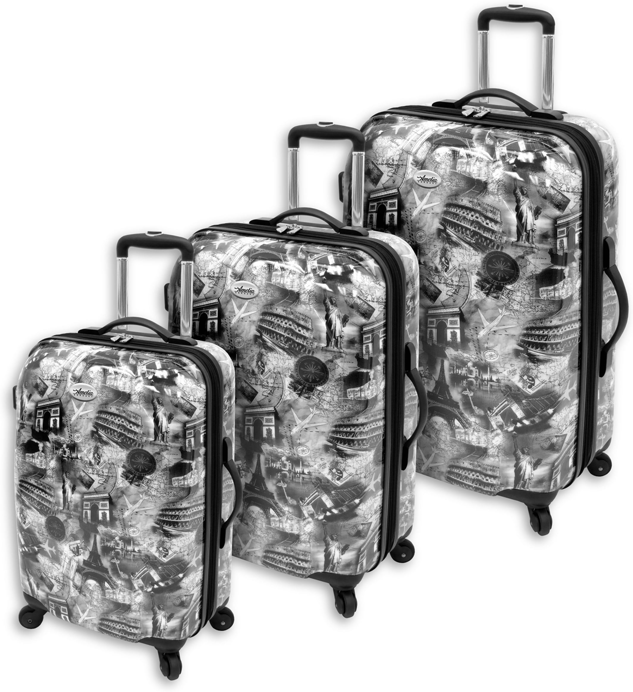 Amelia Earhart Luggage Passport 360 Hardside Collection 3 Piece Set, Black/White Print, One Size