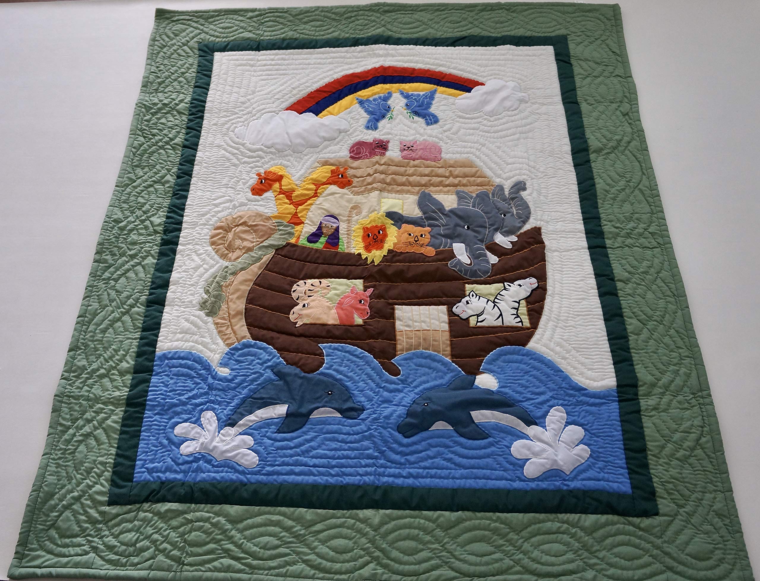 Hawaiian Quilt Crib Baby Comforter Blanket Wall Hanging Hand Quilted and Machine Embroidered Noah's Ark