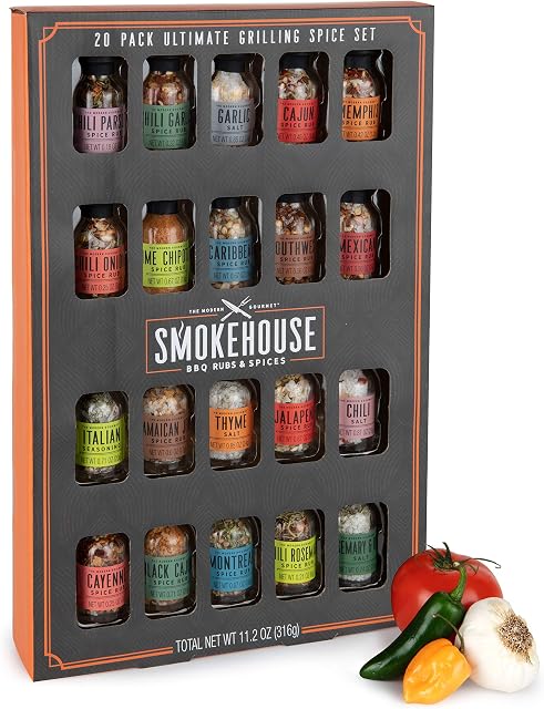 Smokehouse by Thoughtfully Ultimate Grilling Spice Set, Grill Seasoning Gift Set, Flavours Include Chili Garlic, Rosemary and Herb, Lime Chipotle, Cajun Seasoning and More, Pack of 20