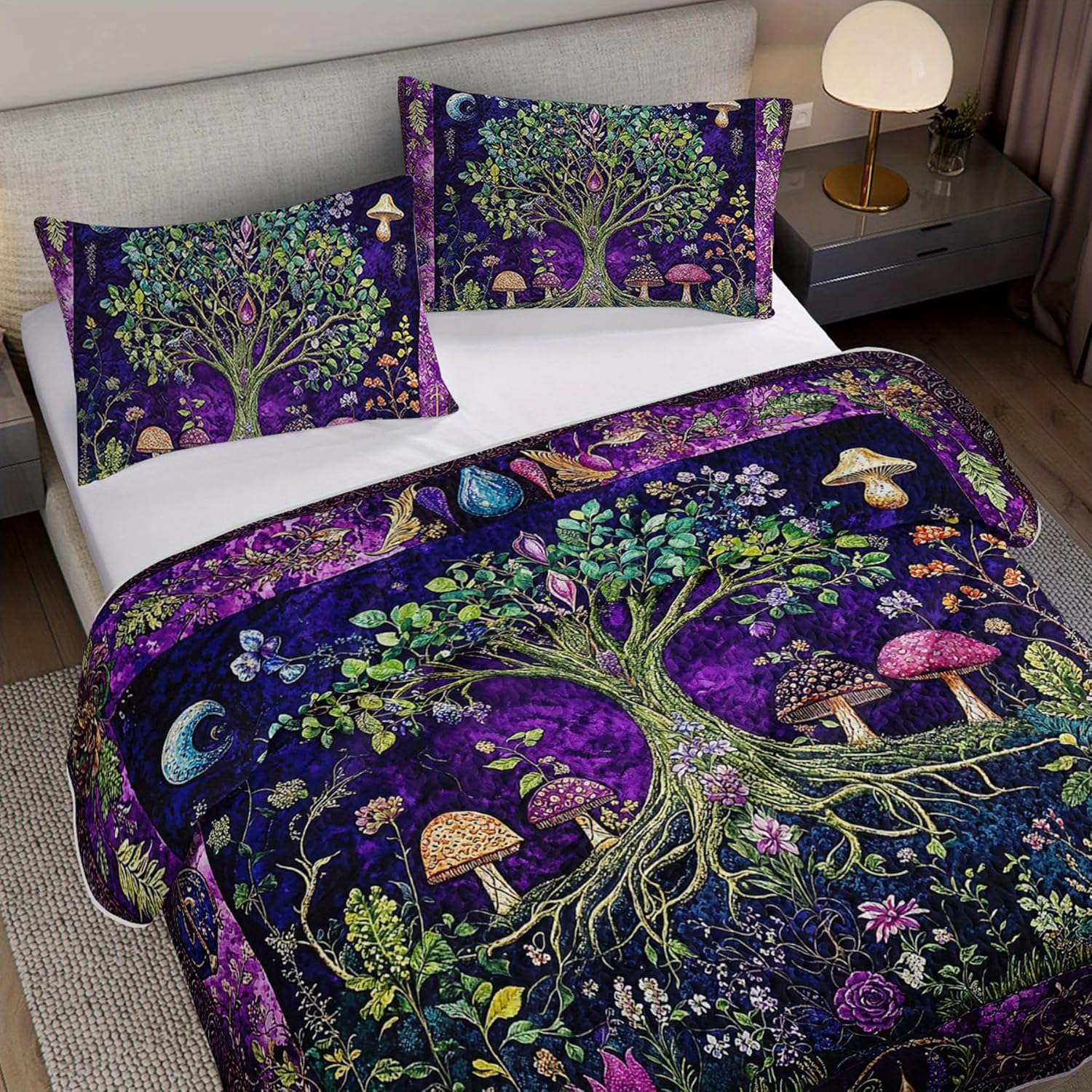 Bohemian Tree of Life Mushroom Quilt Bedding Set King Size for Girls and Kids,Green Tree Bed Cover King Size for Boys,Purple Floral Bedspread Sets Bedding Mystic Forest Bedroom Decor